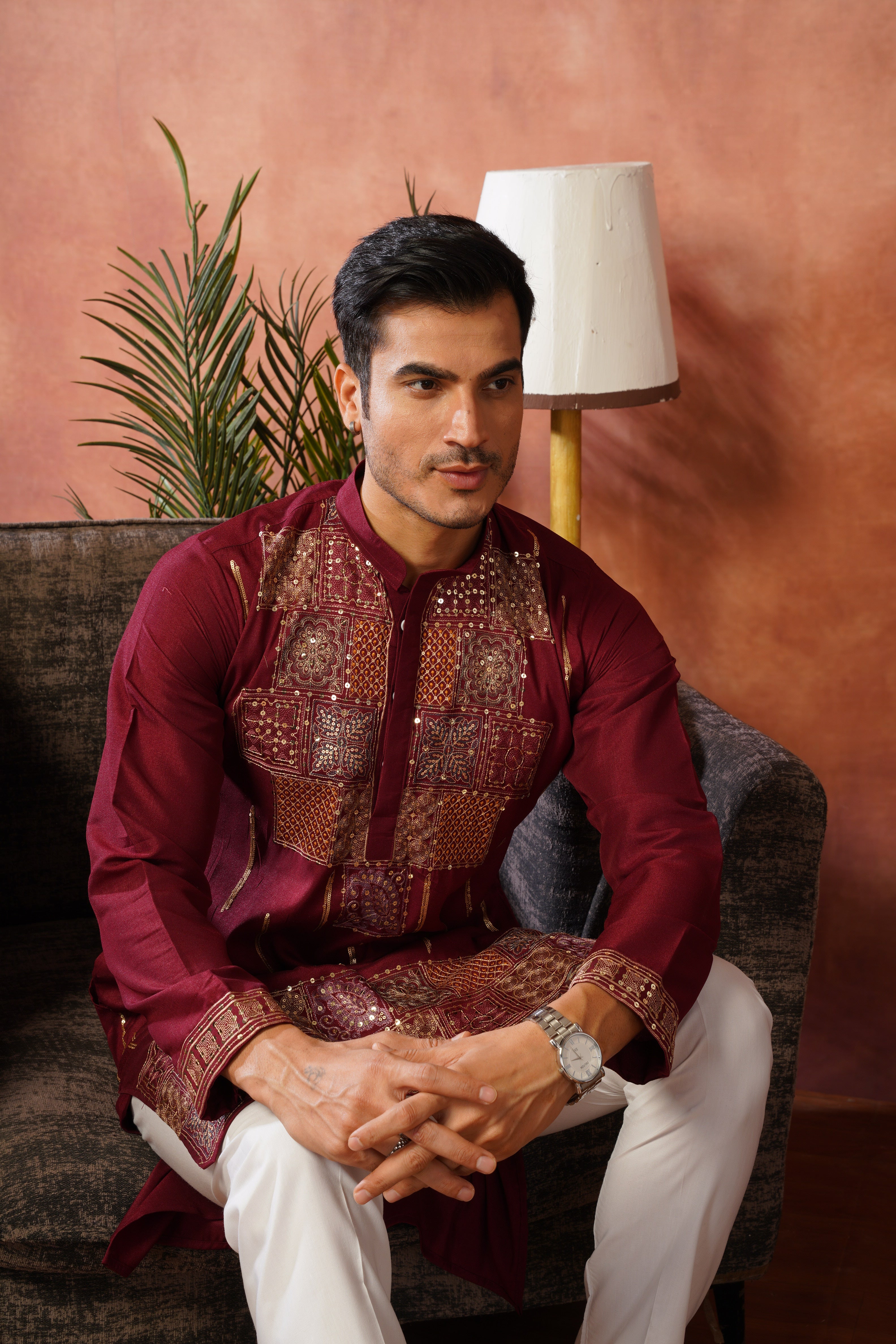 Maroon Heritage Patchwork & Gold Embellished Kurta Set for Men