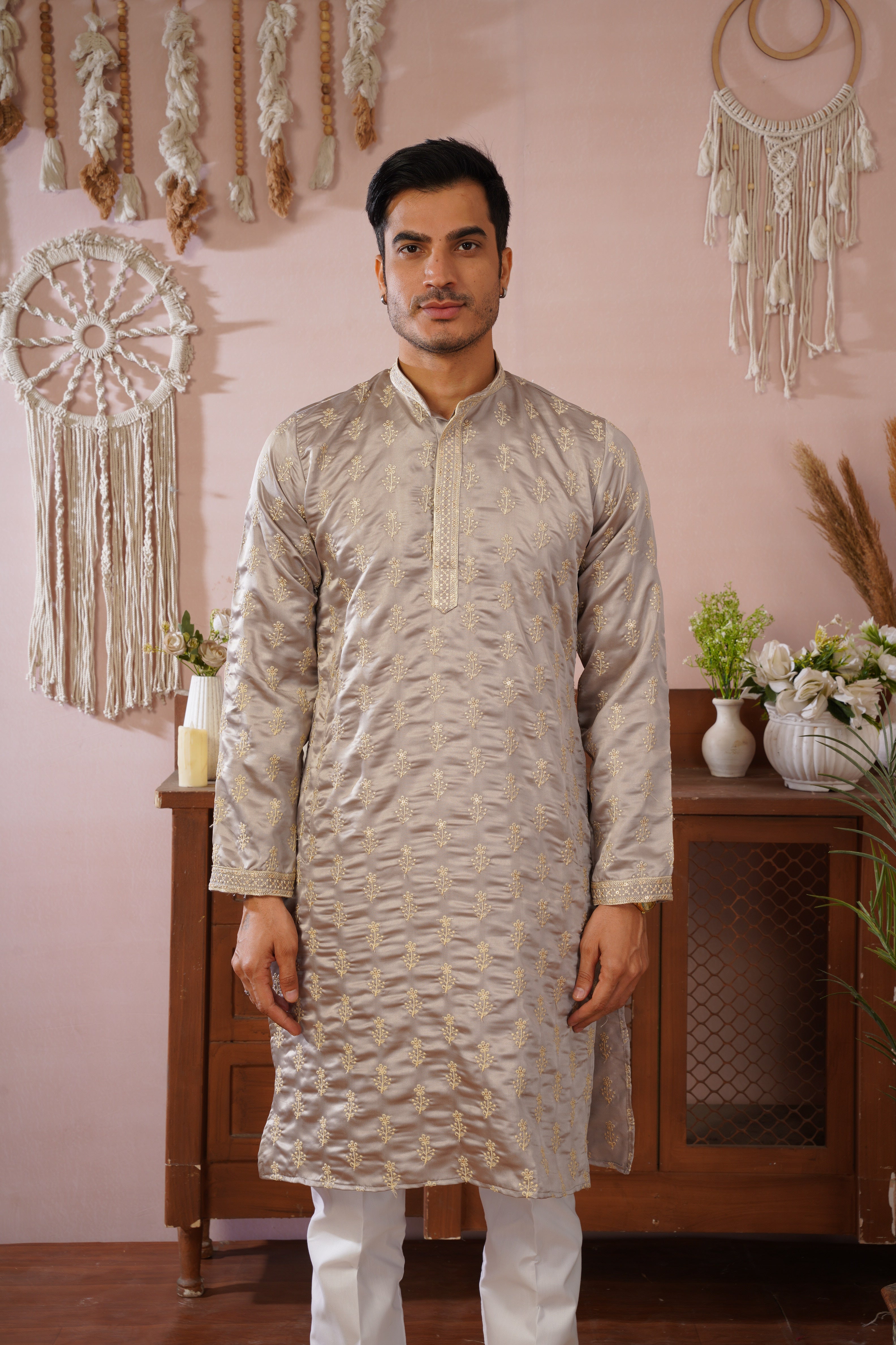 Grey Sequin-Embroidered Kurta set with gold detailing