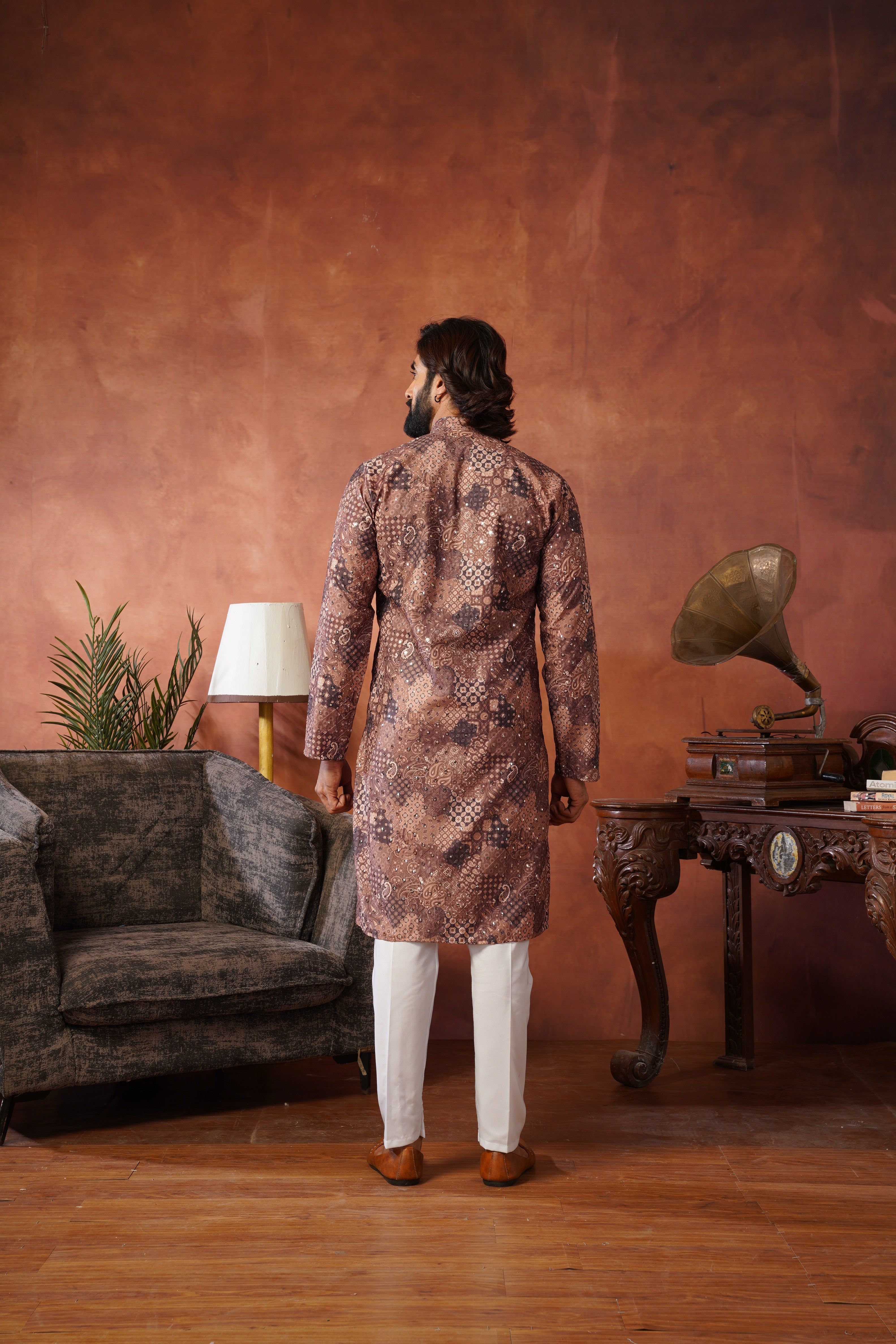 Royal Mirror Detailing All-Over Printed Brown Kurta Set