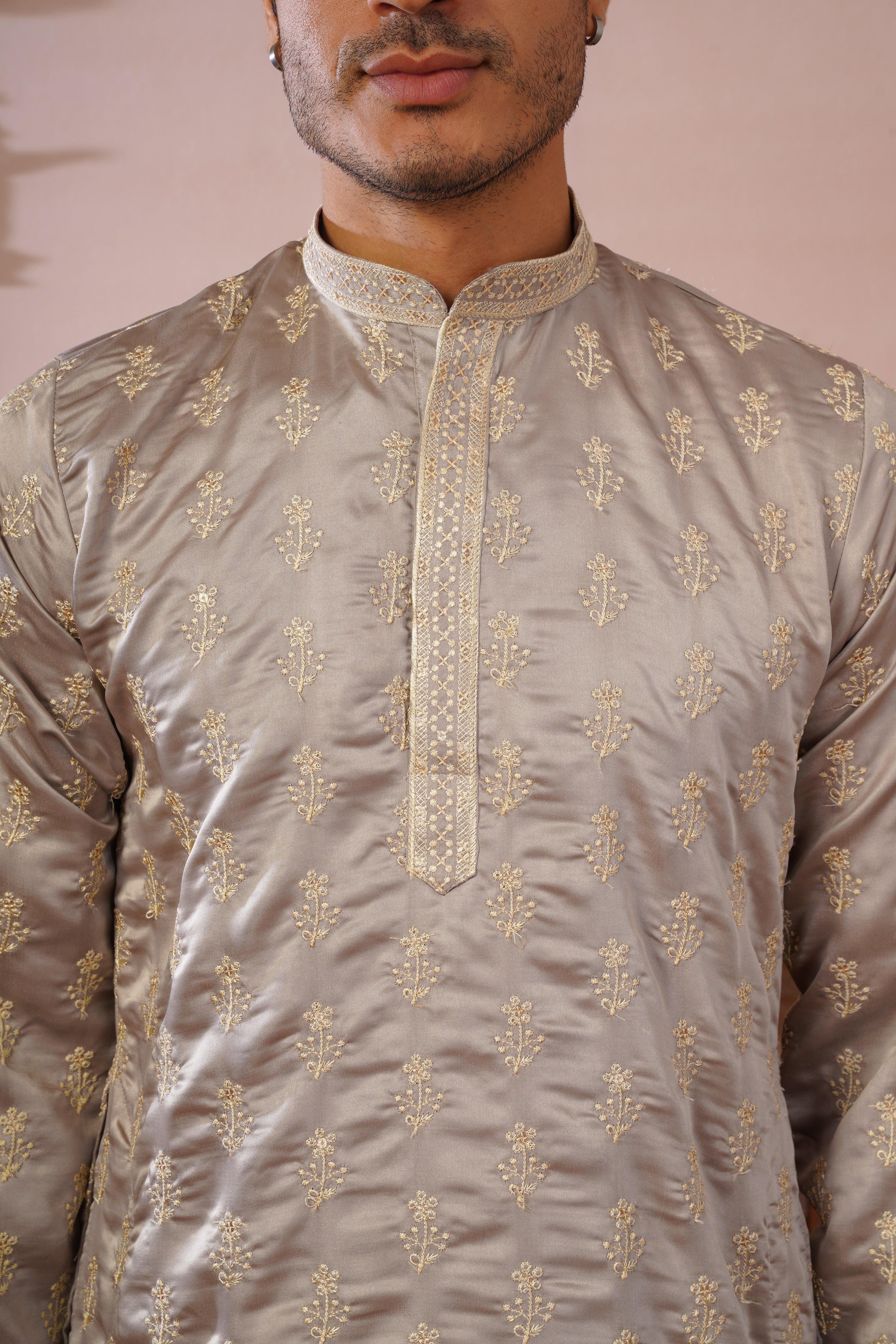 Grey Sequin-Embroidered Kurta set with gold detailing