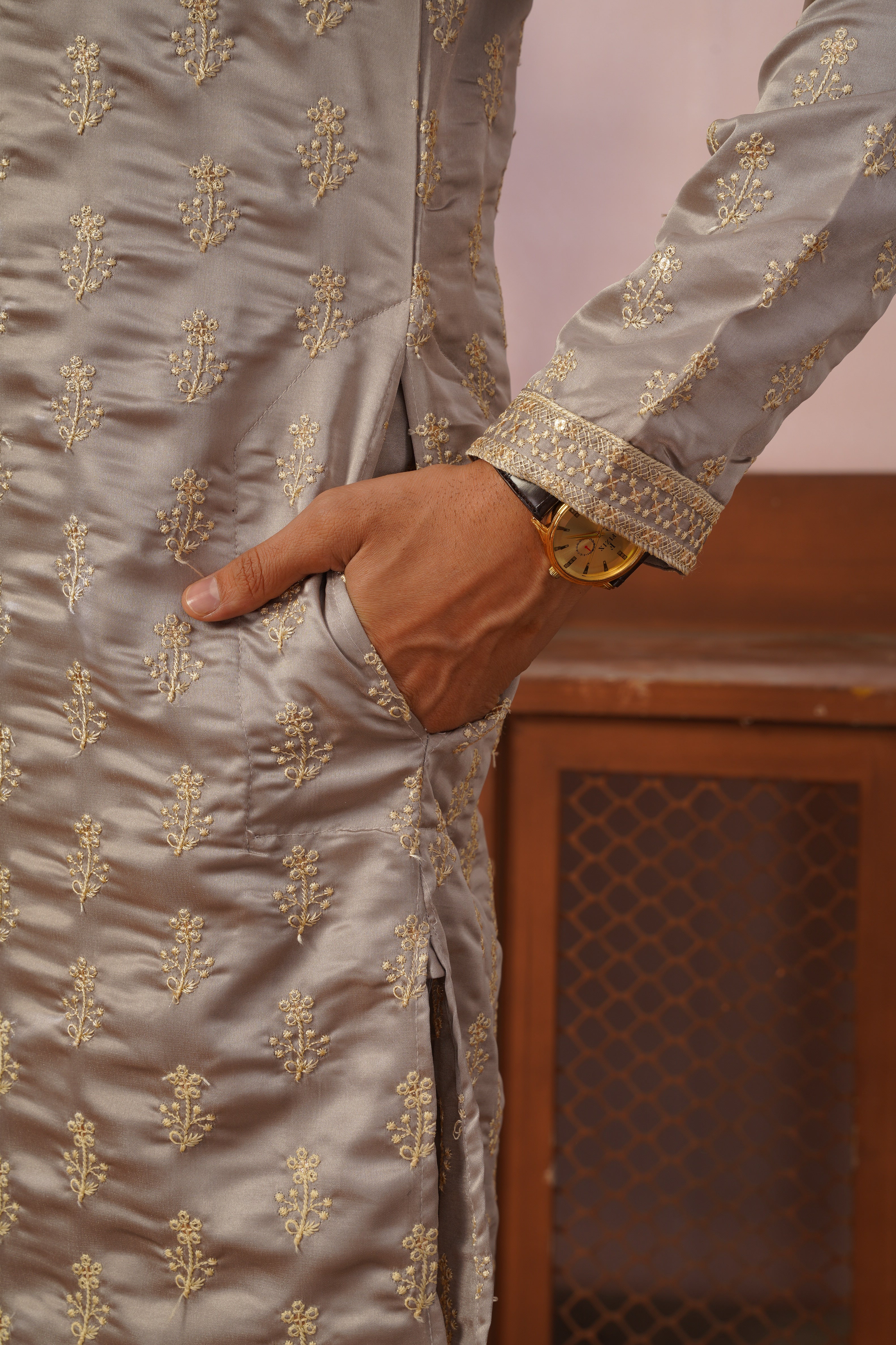 Grey Sequin-Embroidered Kurta set with gold detailing