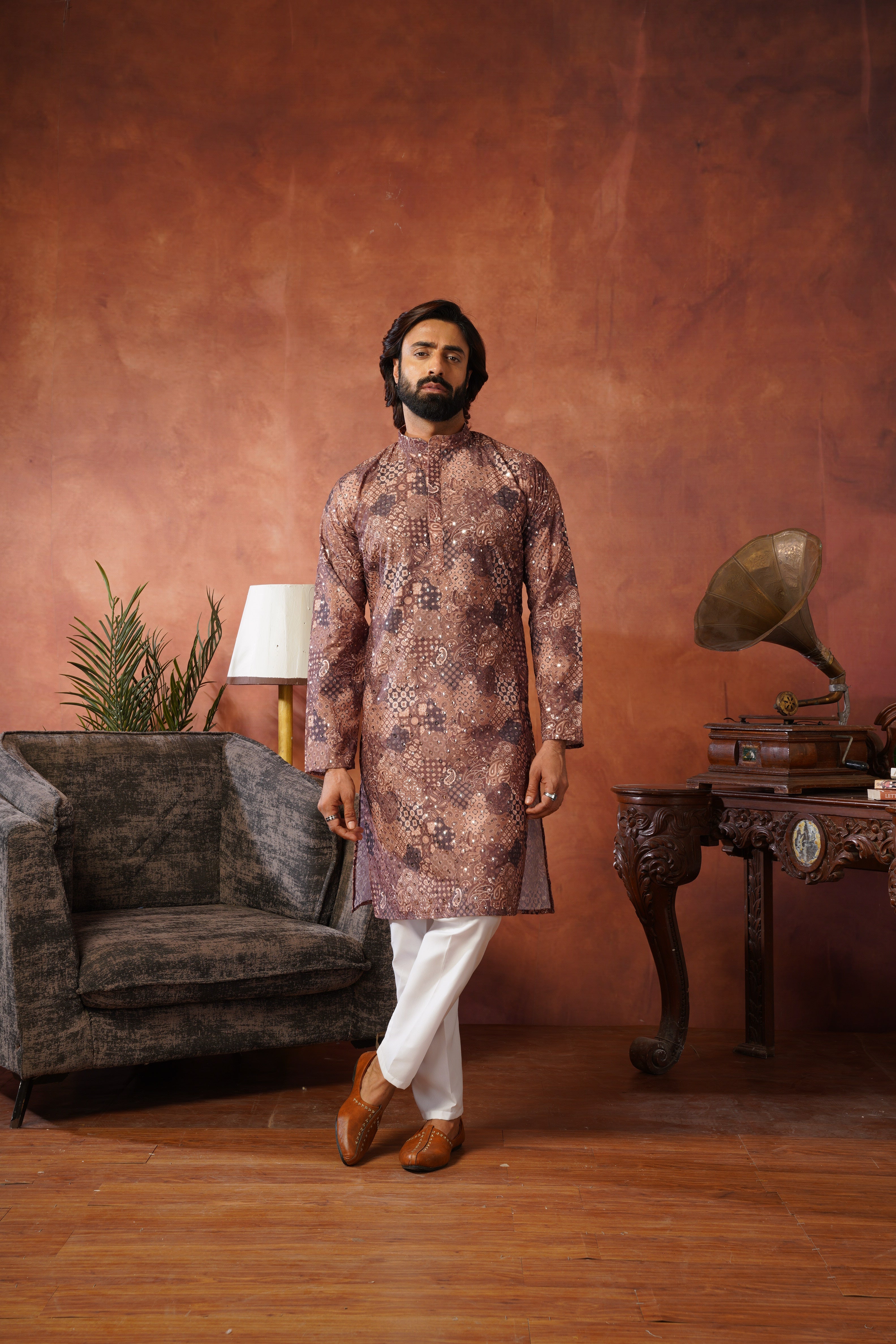 Royal Mirror Detailing All-Over Printed Brown Kurta Set