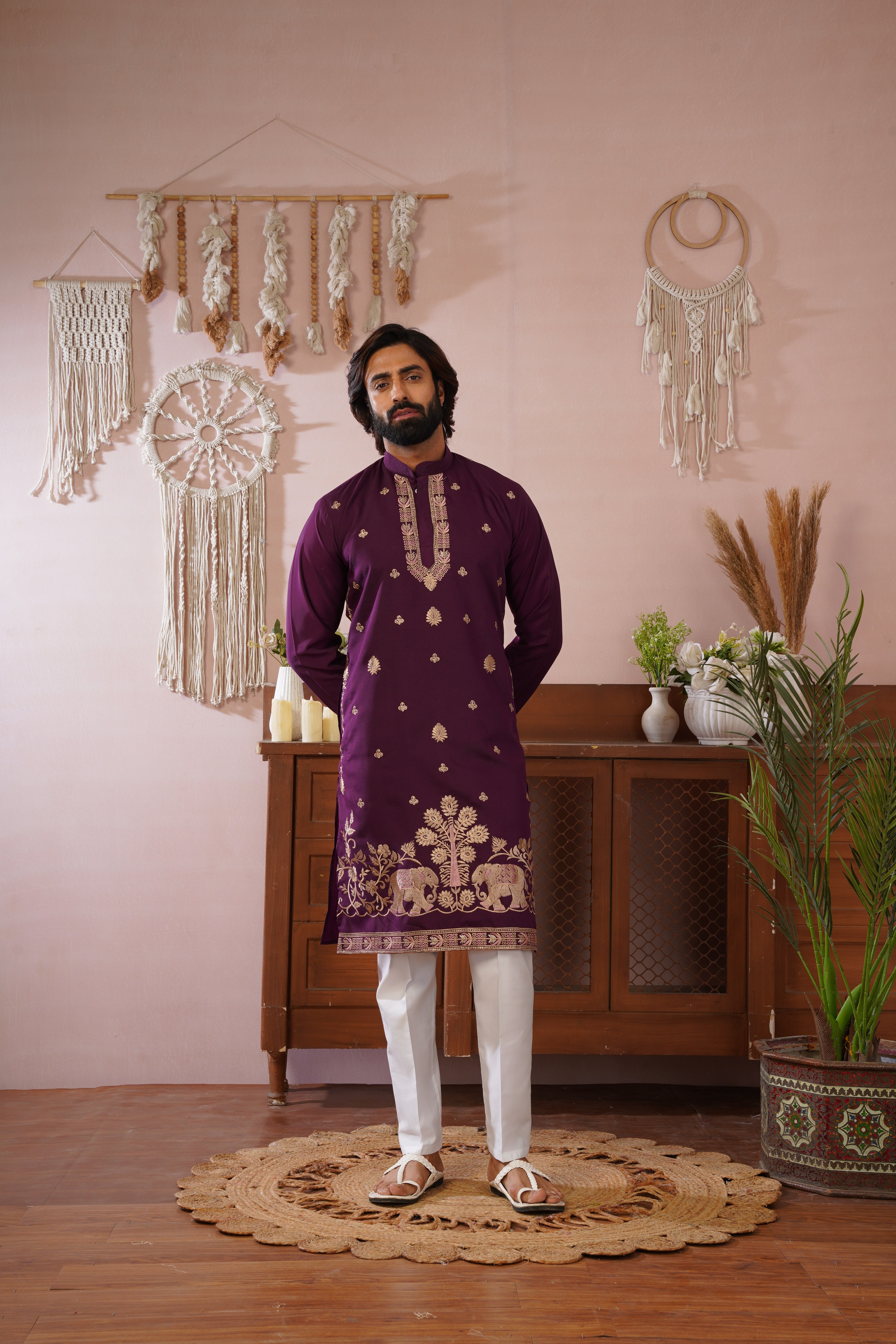 Regal Haathi Darbar Embroidered Plum Kurta Set