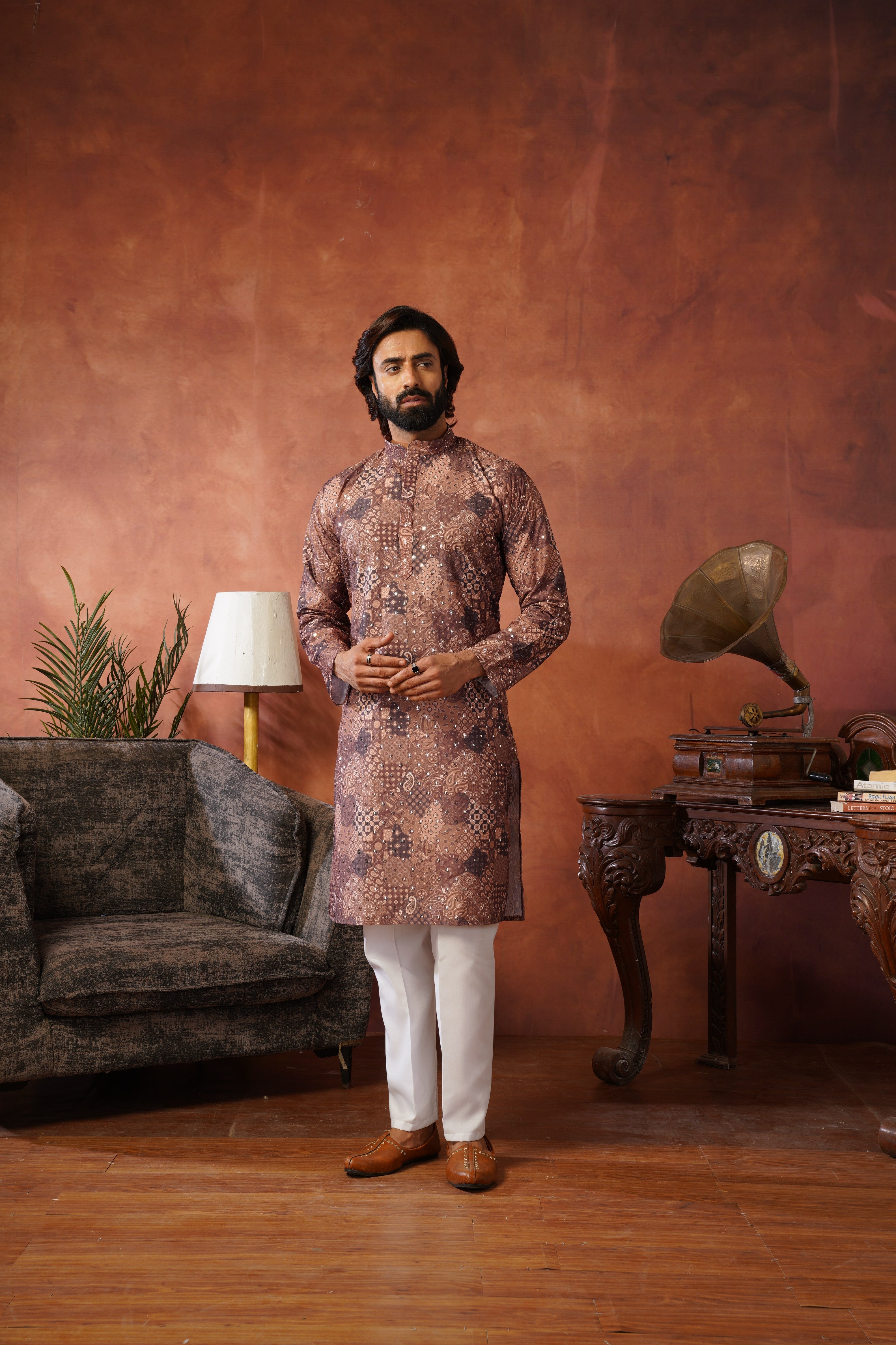 Royal Mirror Detailing All-Over Printed Brown Kurta Set
