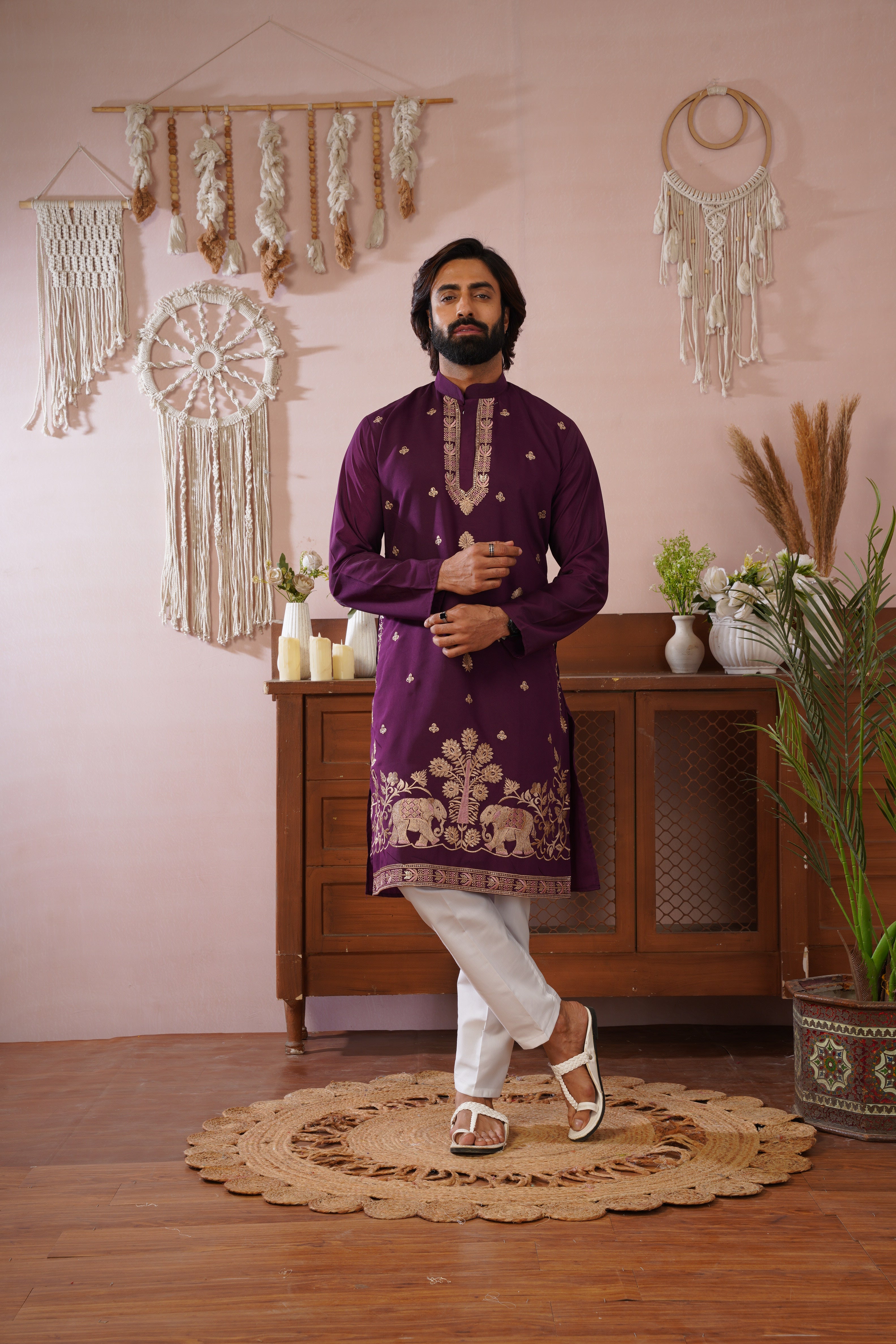 Regal Haathi Darbar Embroidered Plum Kurta Set