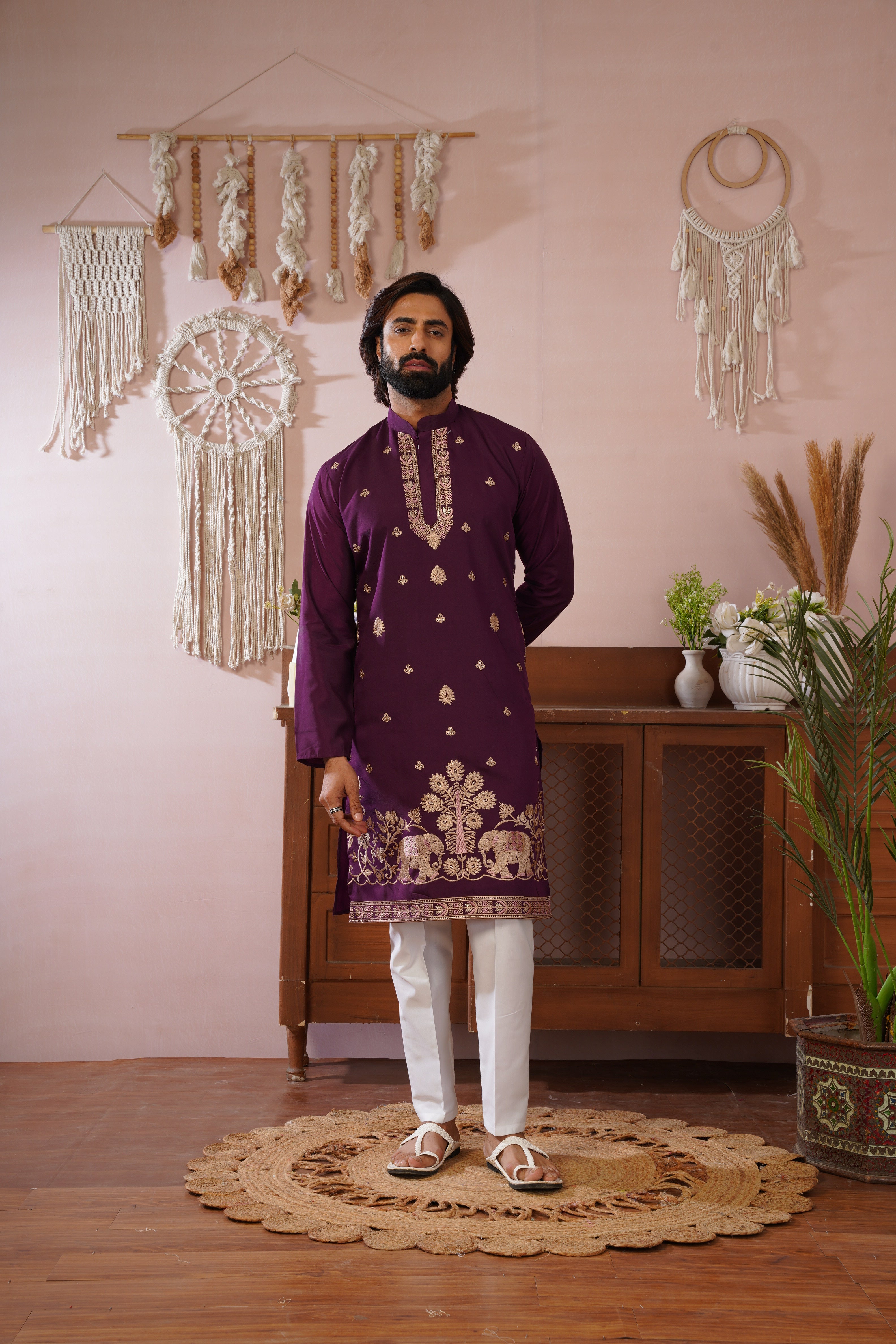 Regal Haathi Darbar Embroidered Plum Kurta Set