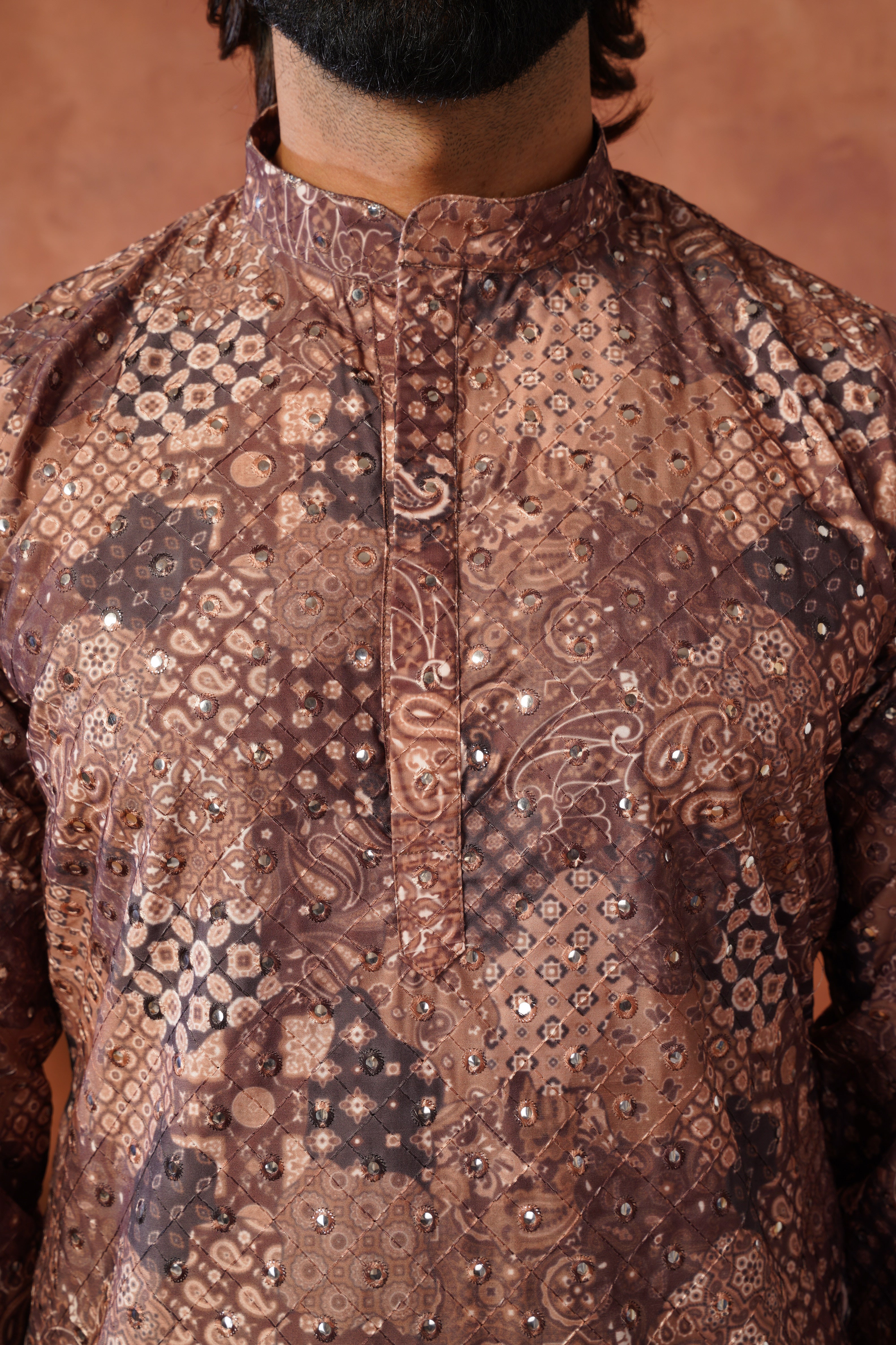 Royal Mirror Detailing All-Over Printed Brown Kurta Set