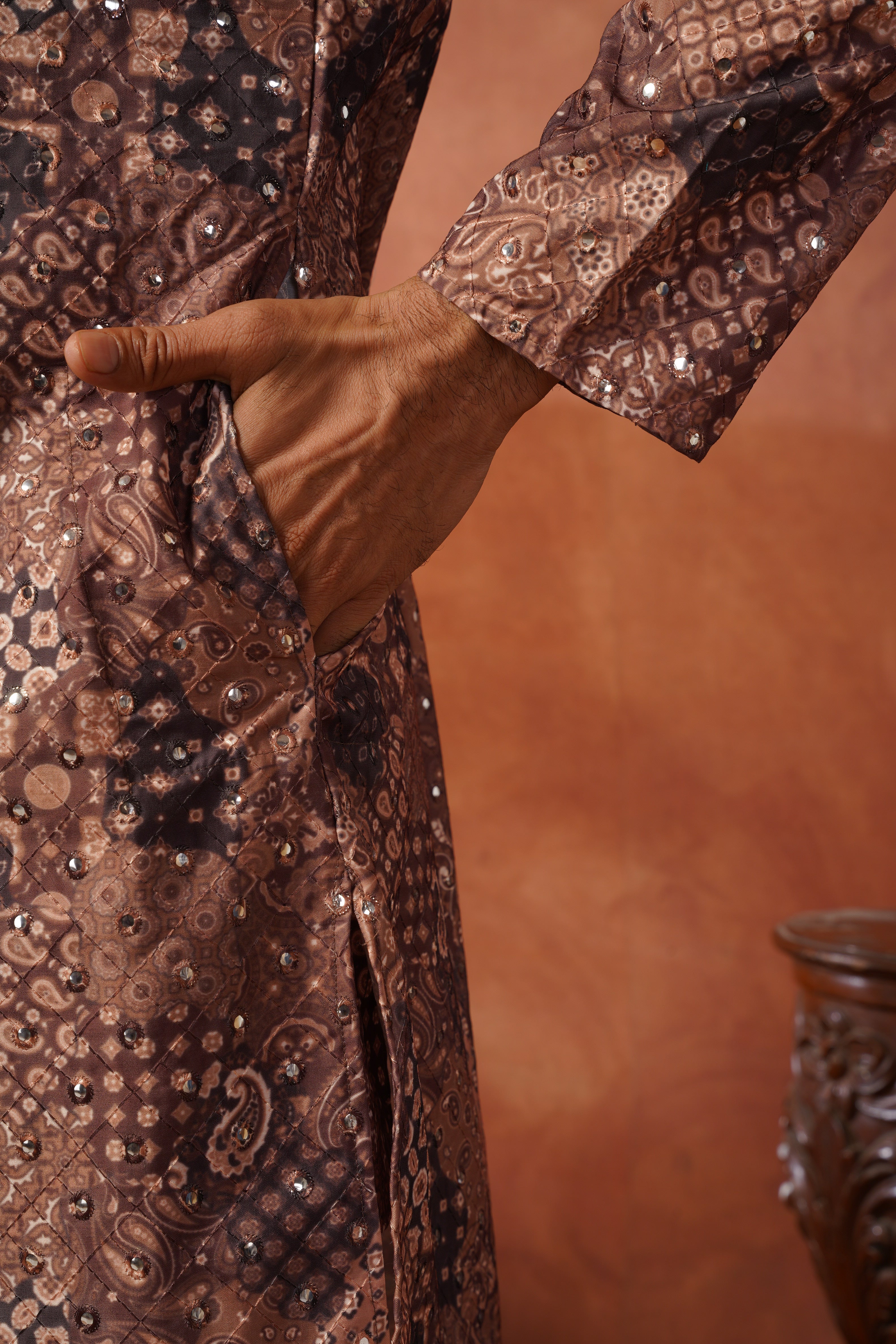 Royal Mirror Detailing All-Over Printed Brown Kurta Set