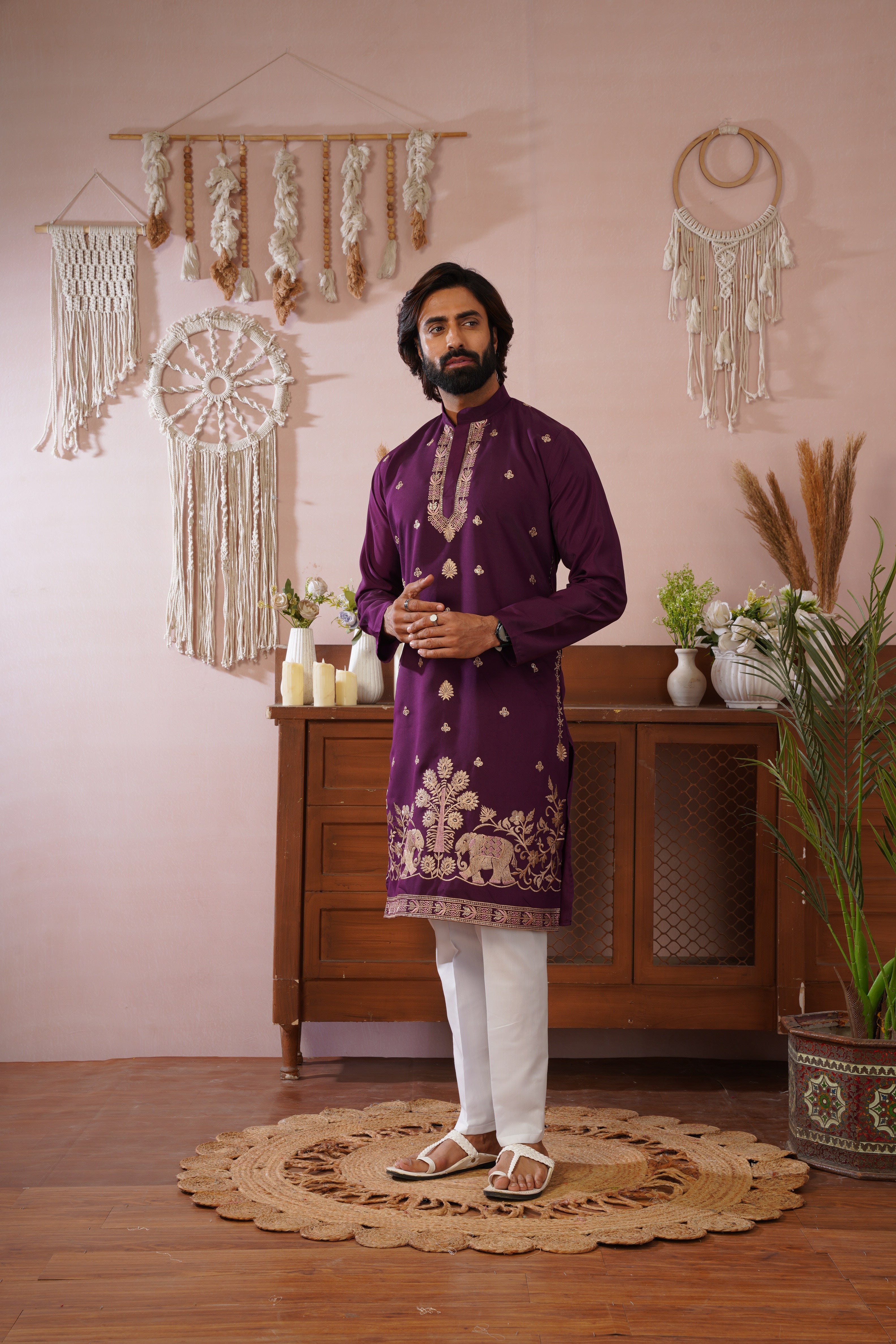 Regal Haathi Darbar Embroidered Plum Kurta Set