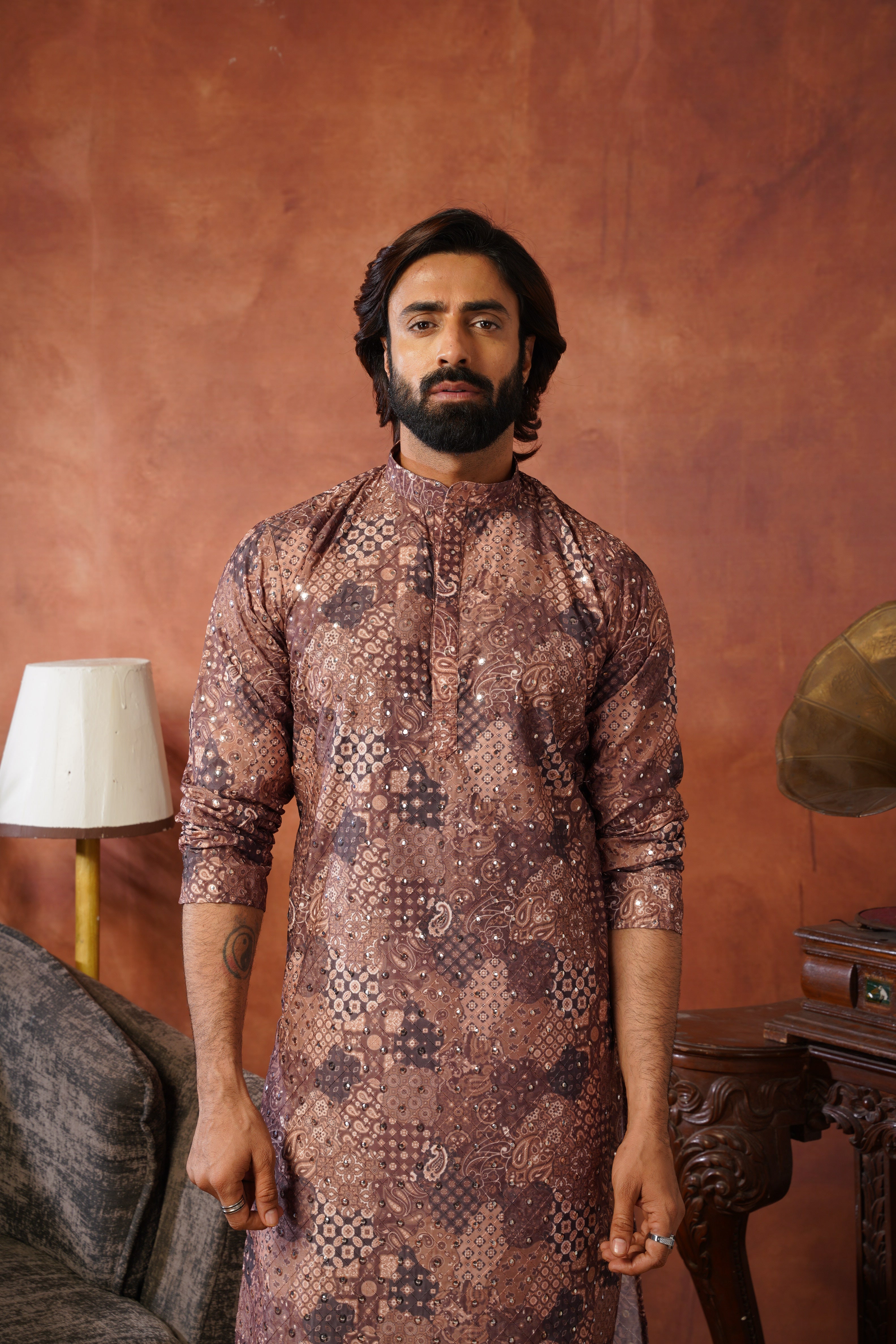 Royal Mirror Detailing All-Over Printed Brown Kurta Set