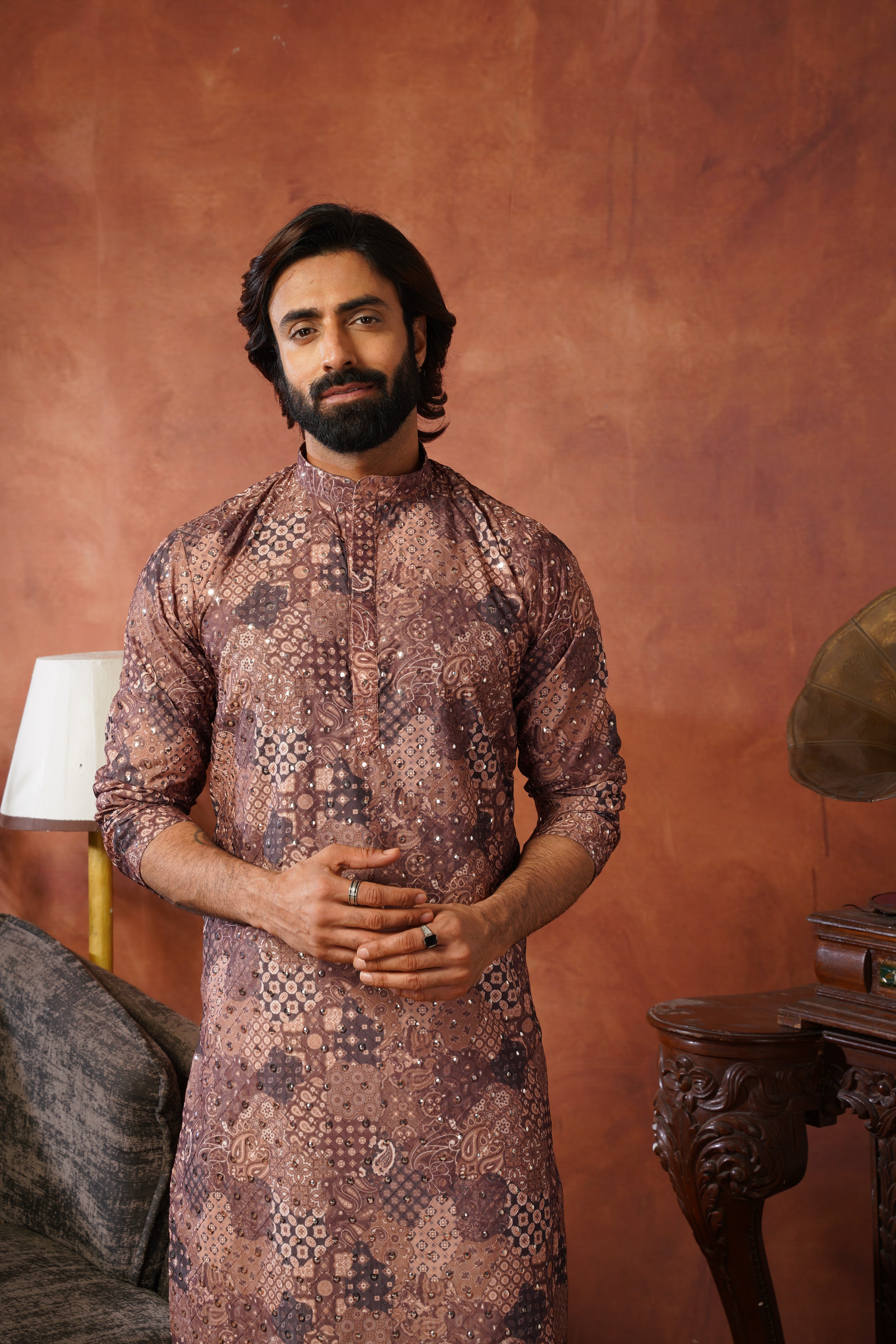 Royal Mirror Detailing All-Over Printed Brown Kurta Set