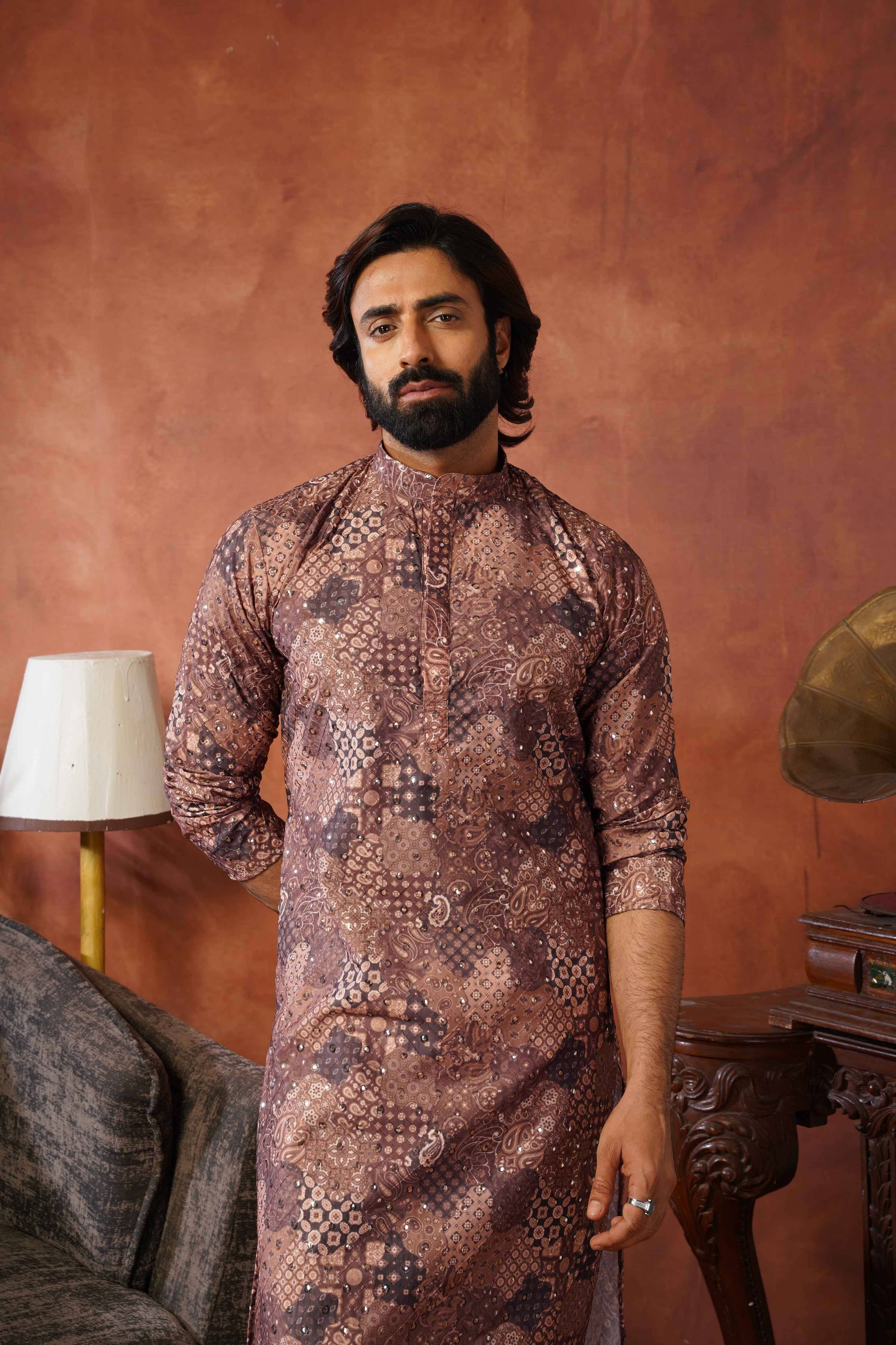 Royal Mirror Detailing All-Over Printed Brown Kurta Set