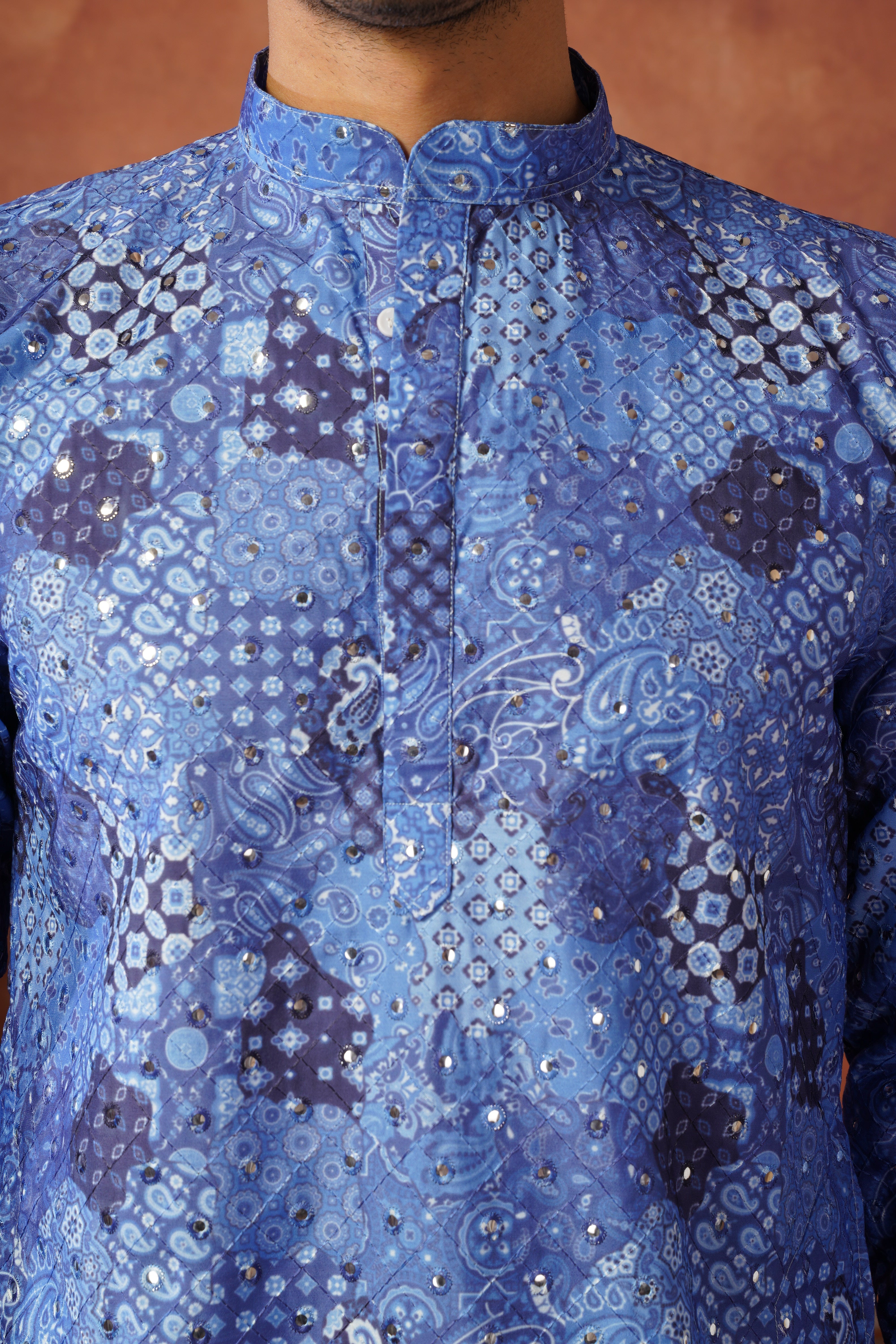 Royal Mirror Detailing All-Over Printed Blue Kurta Set