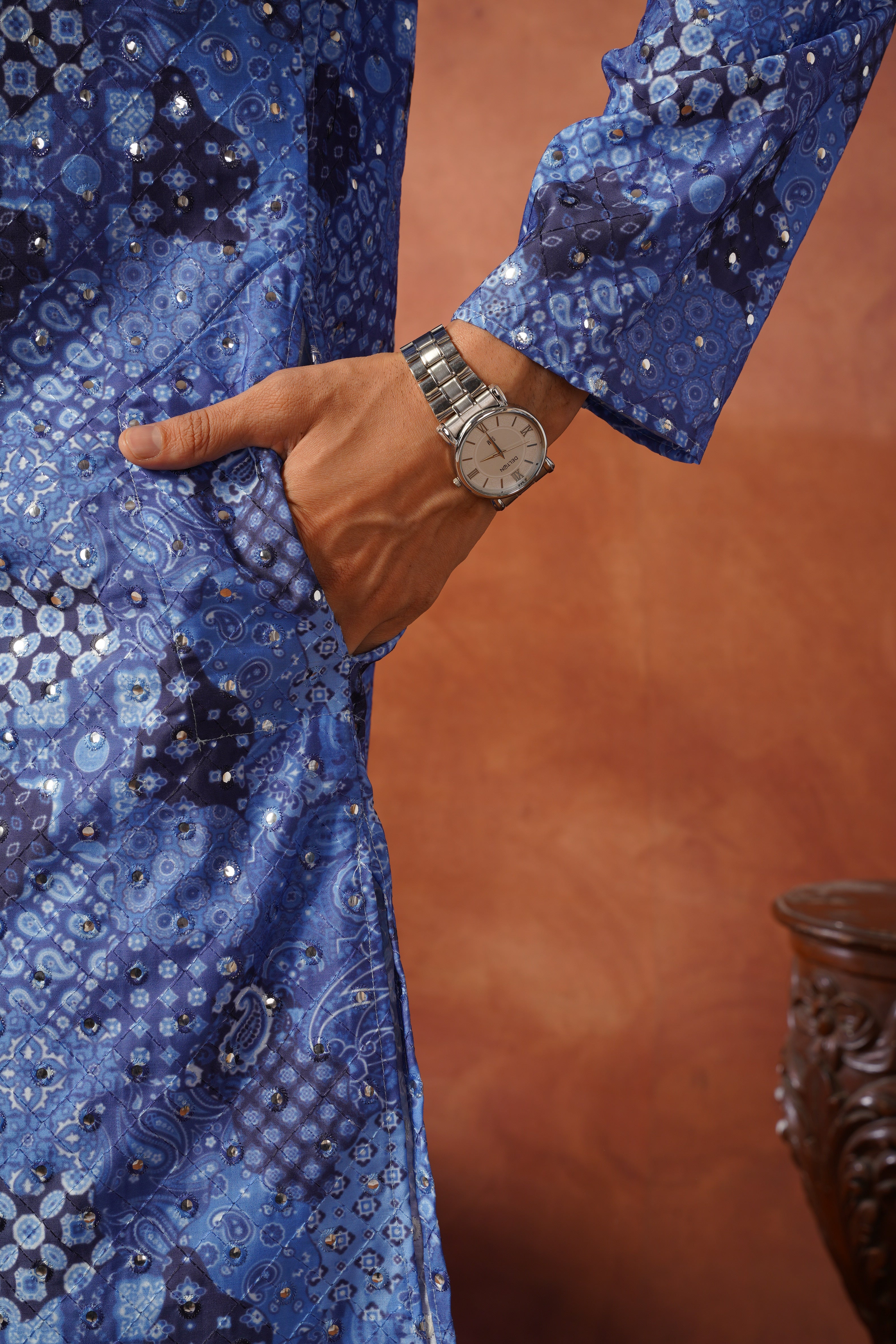 Royal Mirror Detailing All-Over Printed Blue Kurta Set