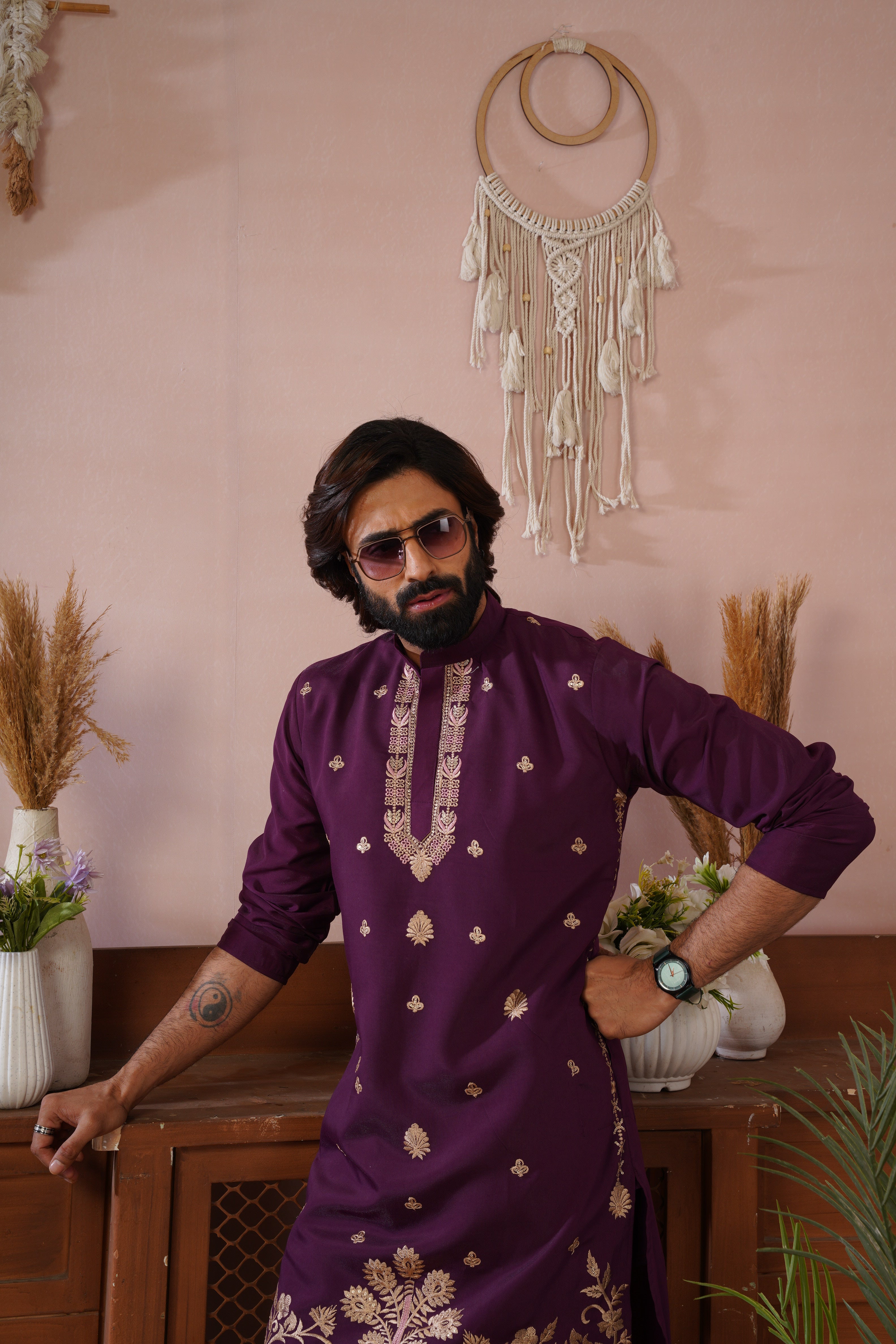 Regal Haathi Darbar Embroidered Plum Kurta Set
