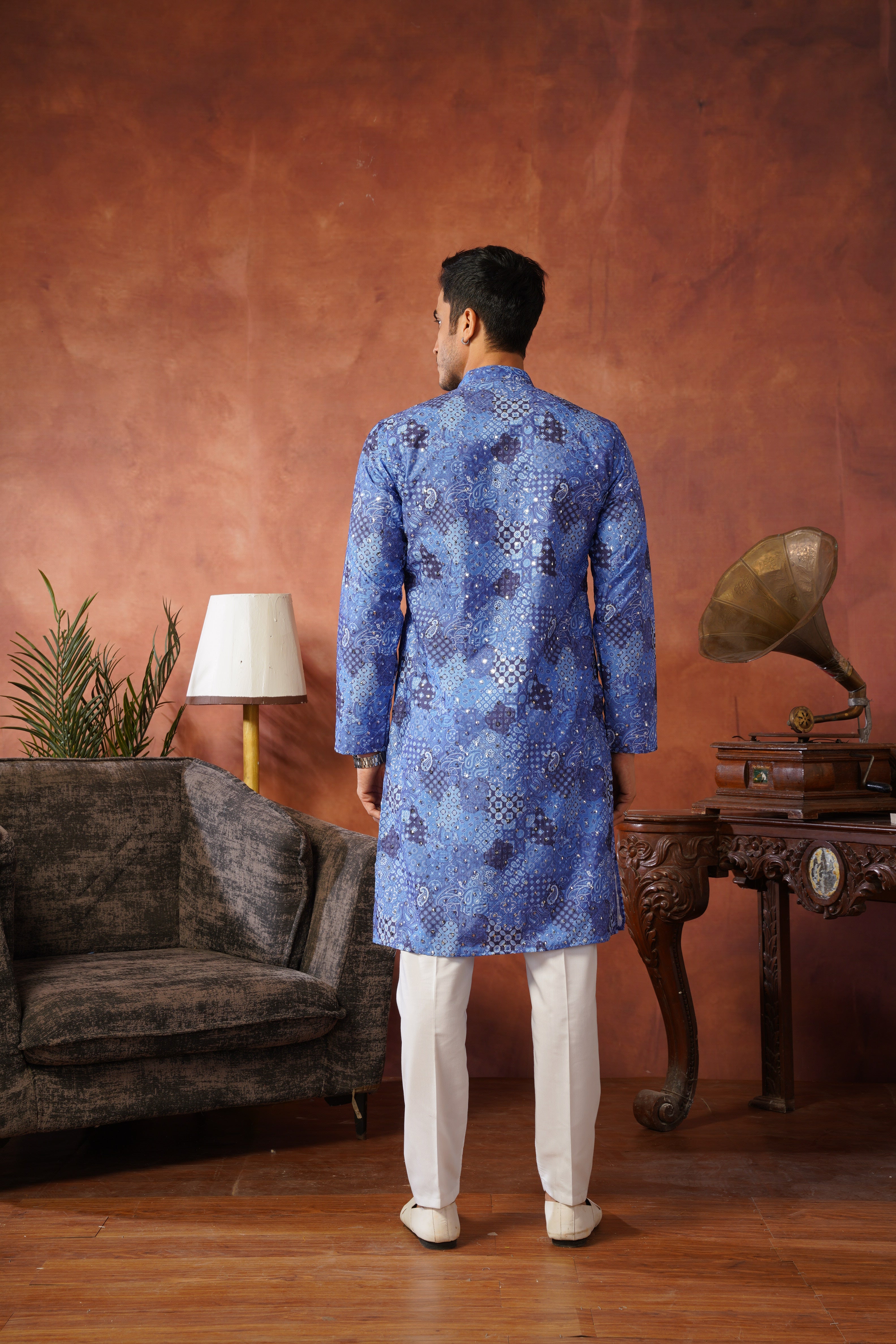 Royal Mirror Detailing All-Over Printed Blue Kurta Set