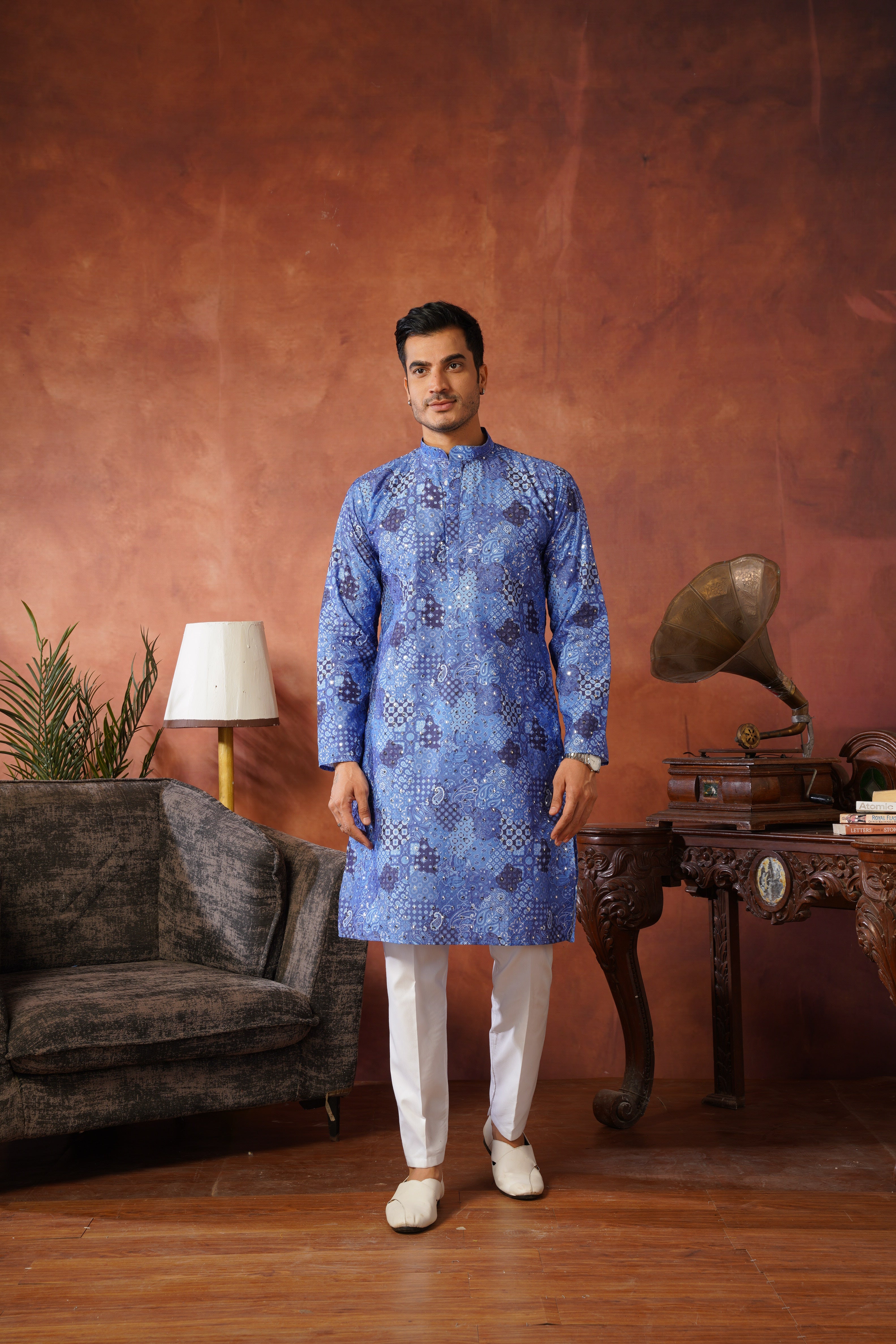 Royal Mirror Detailing All-Over Printed Blue Kurta Set