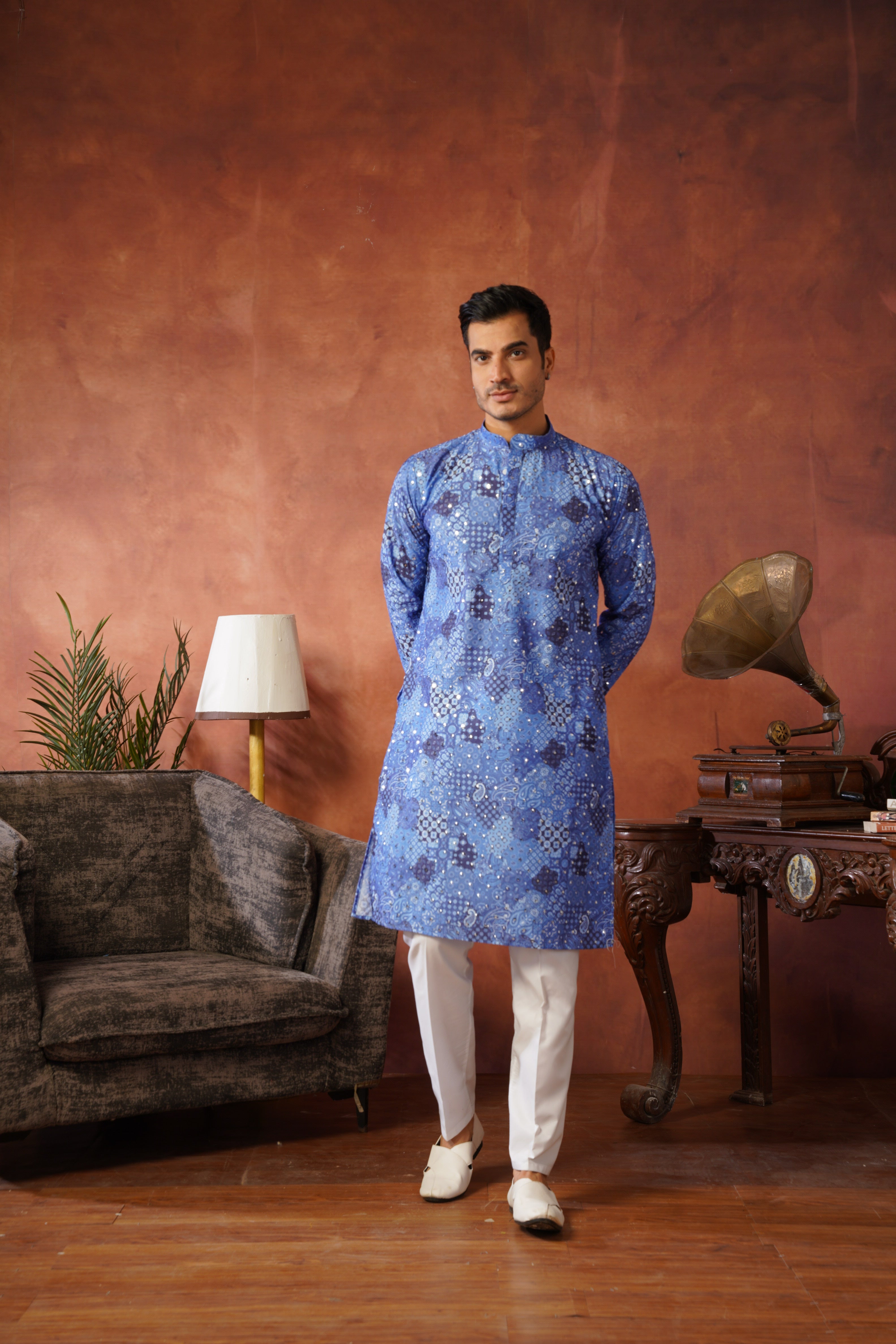 Royal Mirror Detailing All-Over Printed Blue Kurta Set