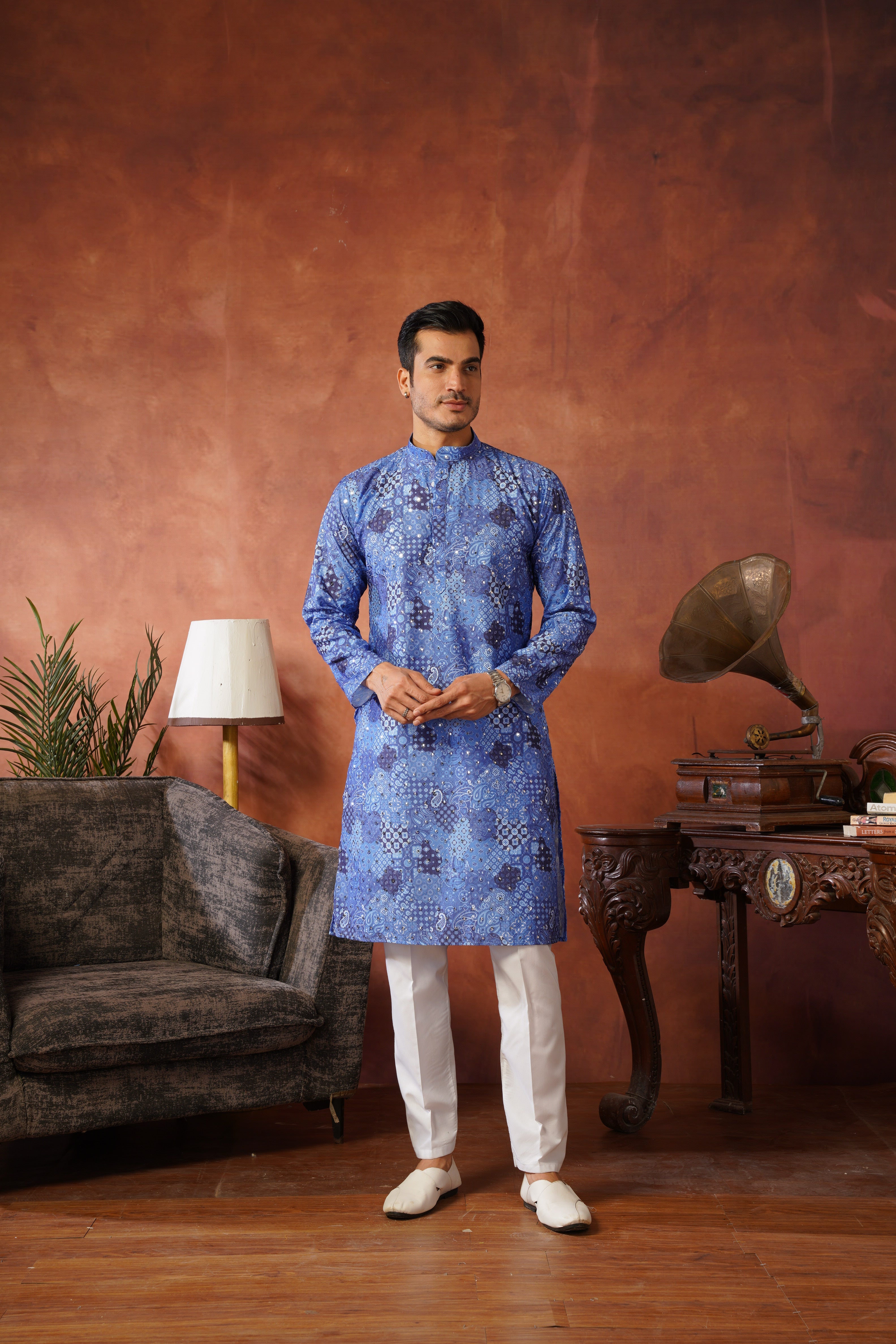 Royal Mirror Detailing All-Over Printed Blue Kurta Set