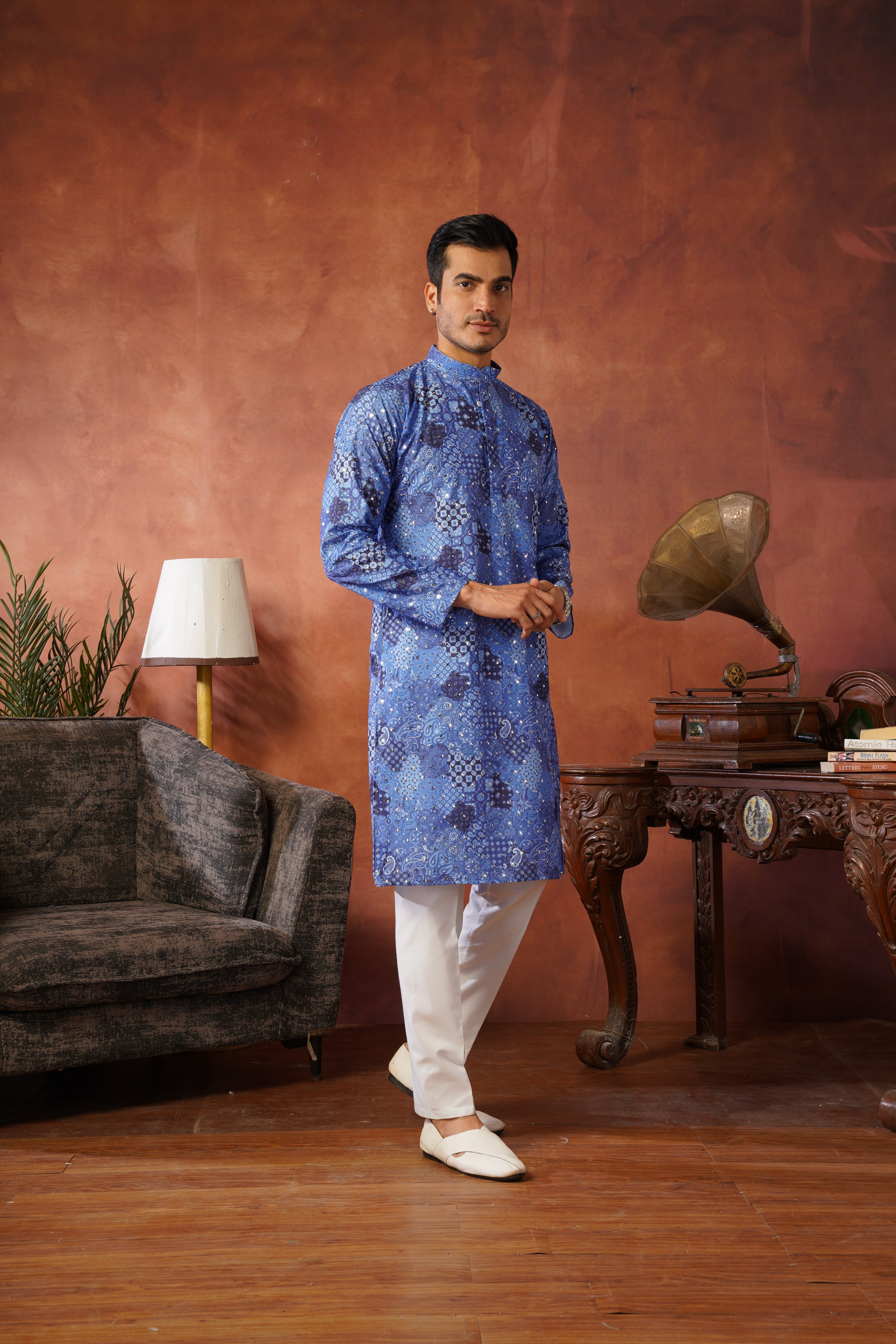 Royal Mirror Detailing All-Over Printed Blue Kurta Set