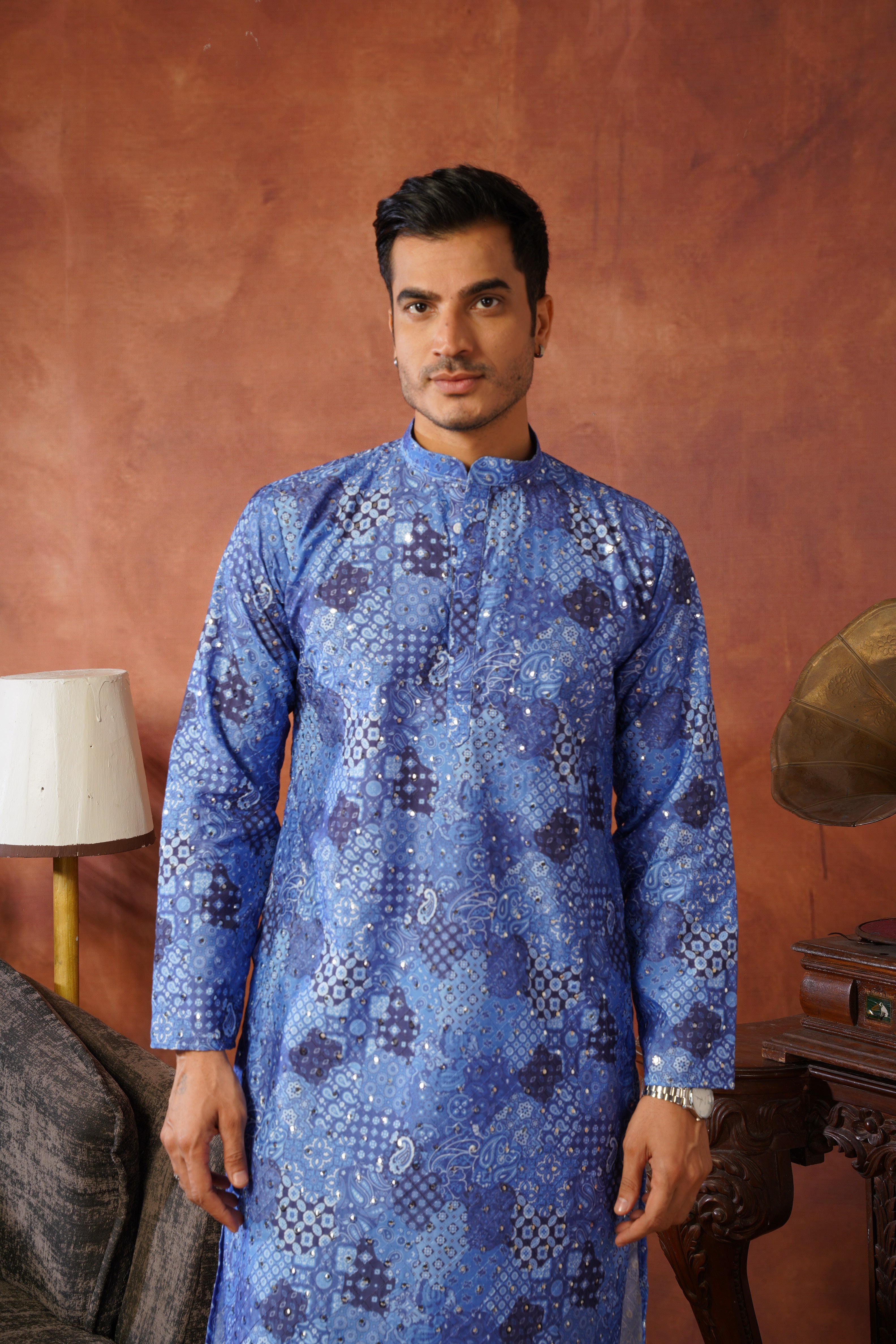 Royal Mirror Detailing All-Over Printed Blue Kurta Set