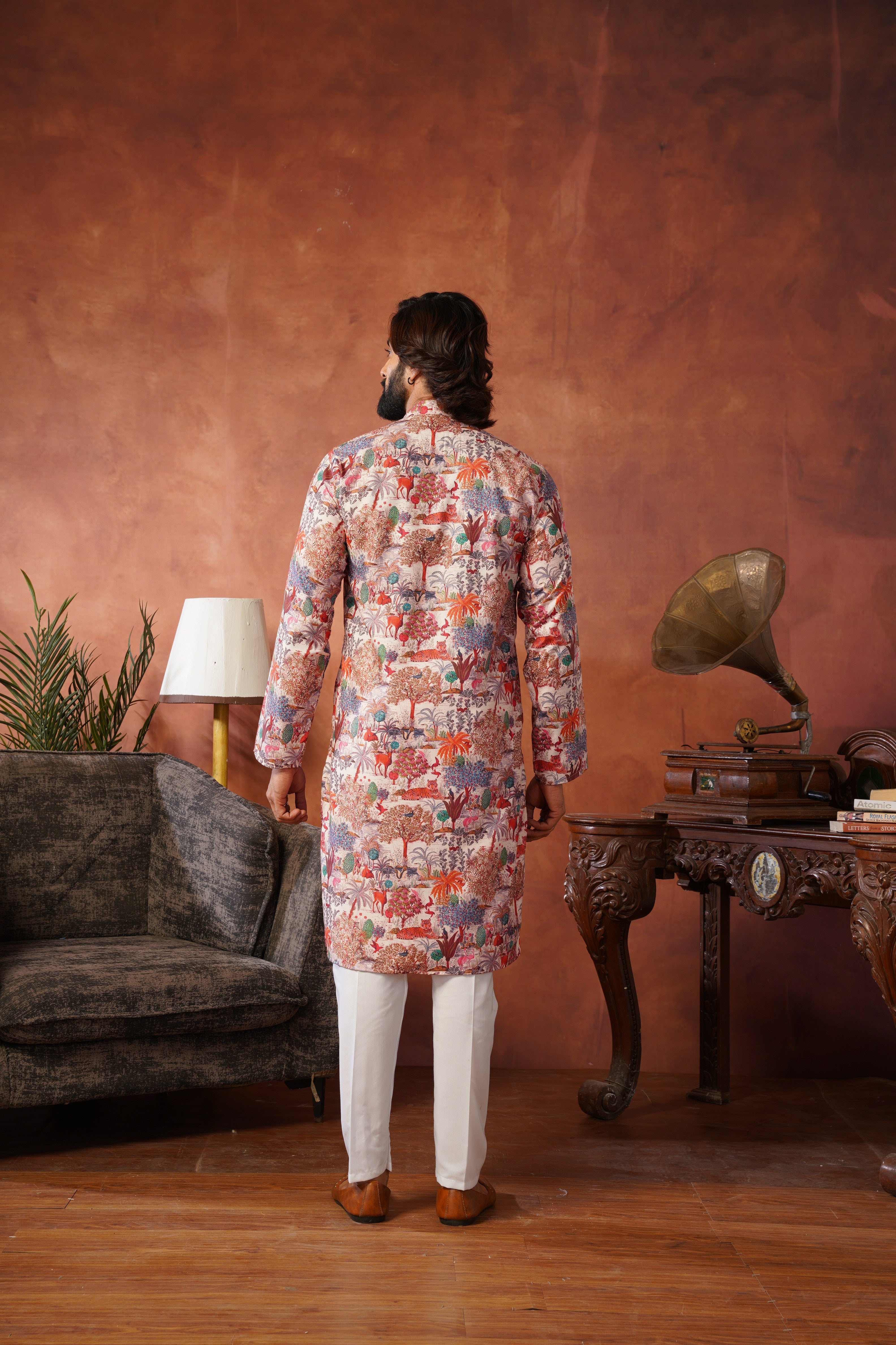 Peach Heritage Forest Illustration Kurta Set