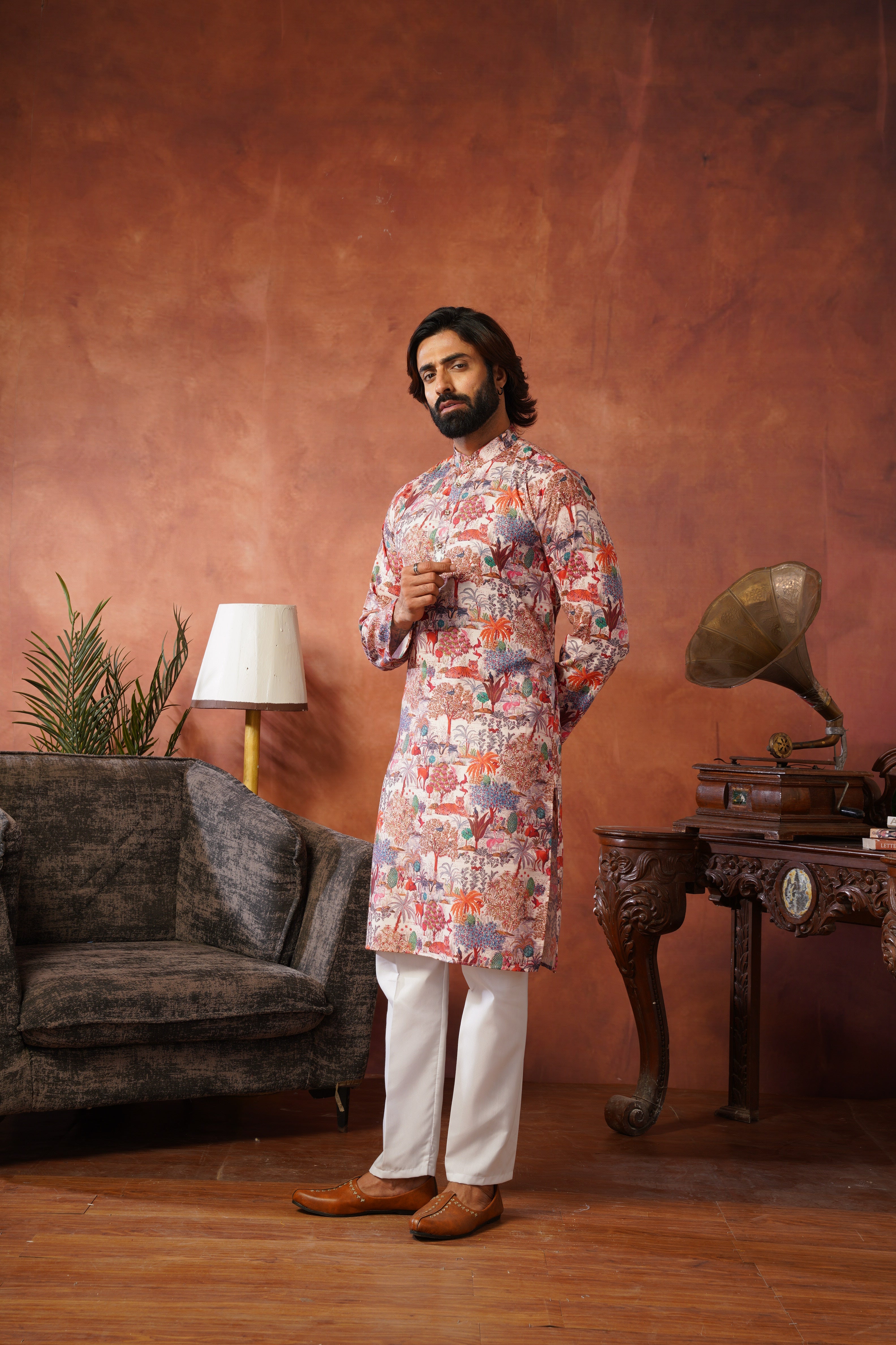 Peach Heritage Forest Illustration Kurta Set