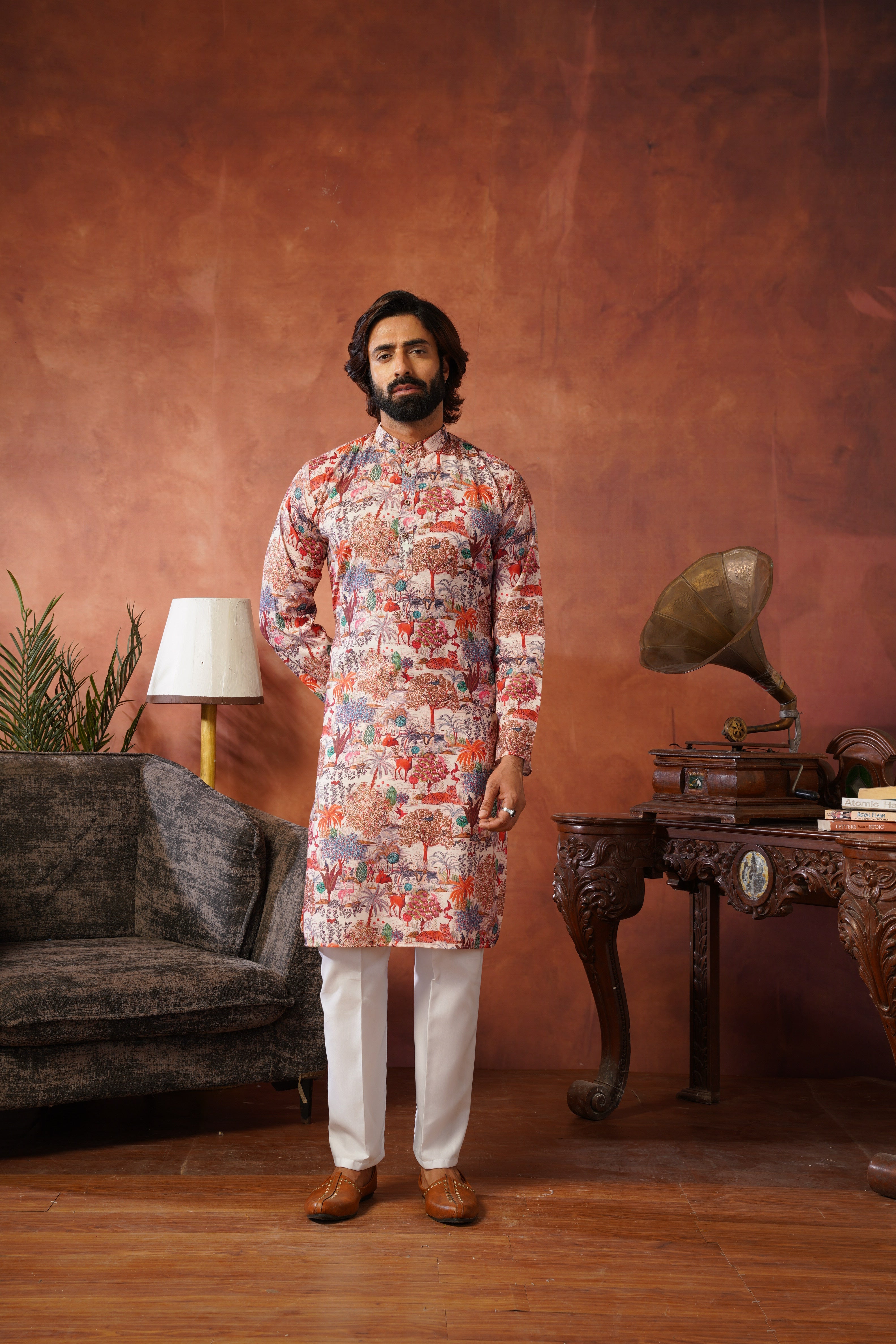 Peach Heritage Forest Illustration Kurta Set