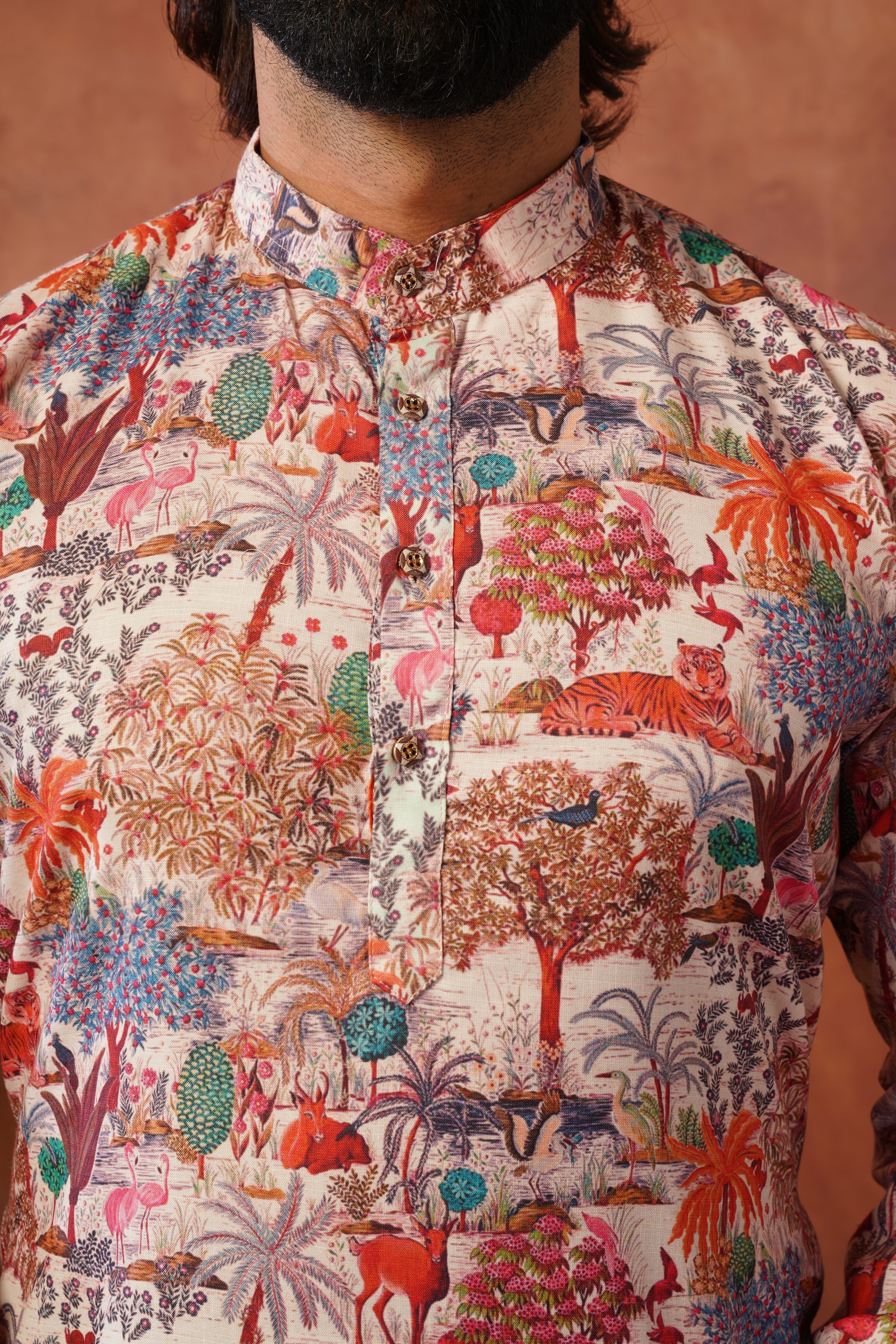 Peach Heritage Forest Illustration Kurta Set