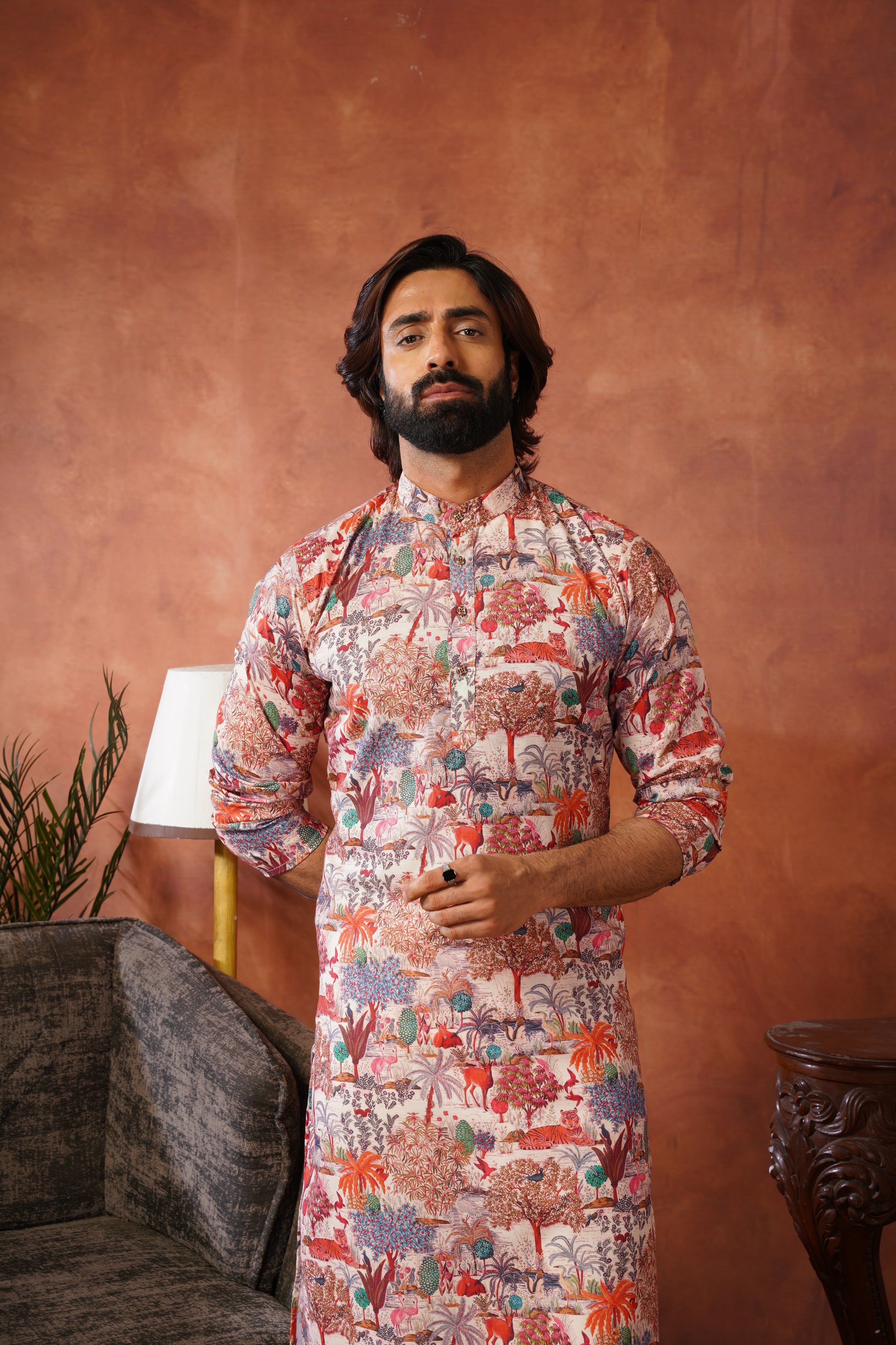Peach Heritage Forest Illustration Kurta Set