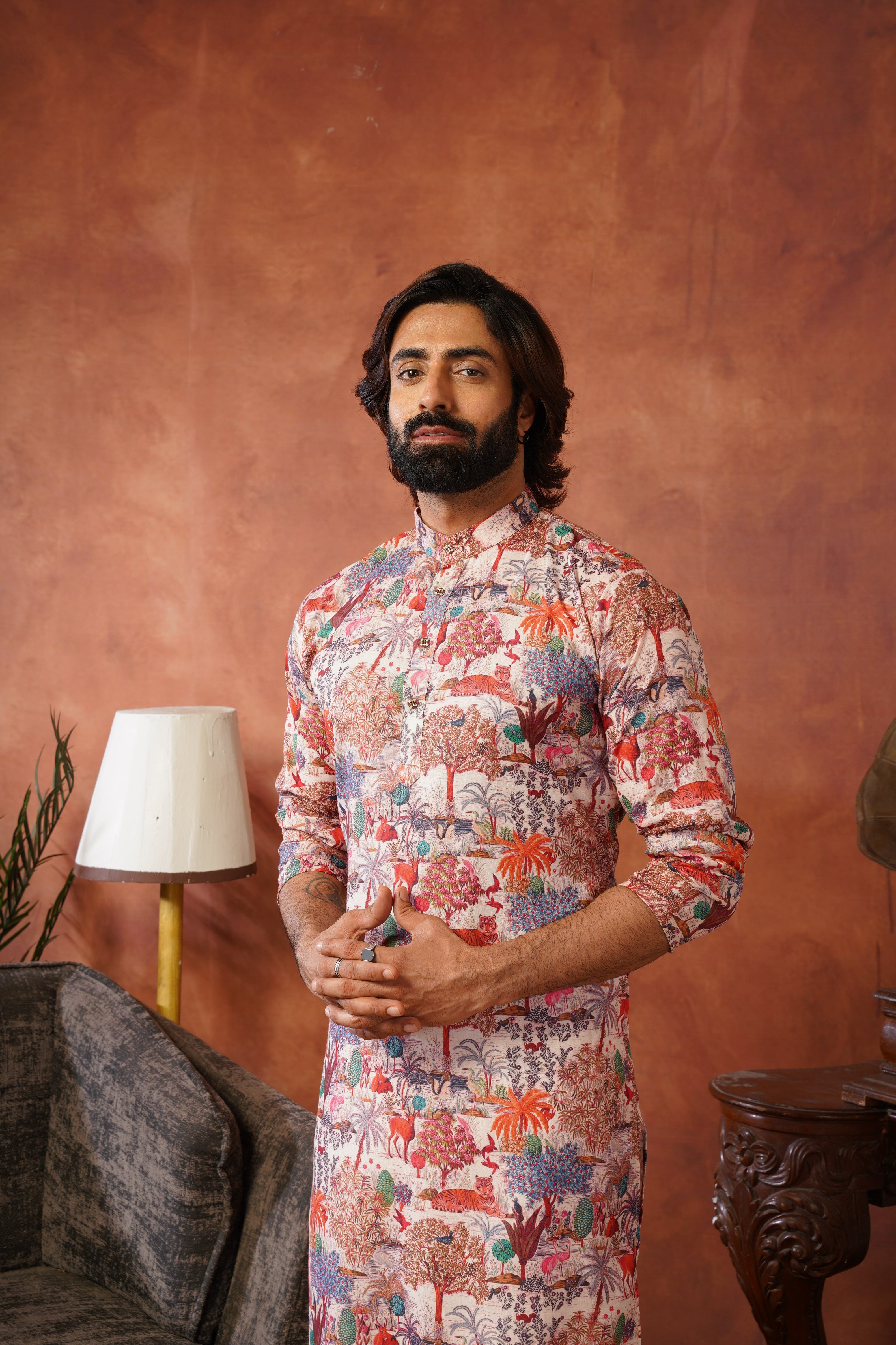 Peach Heritage Forest Illustration Kurta Set