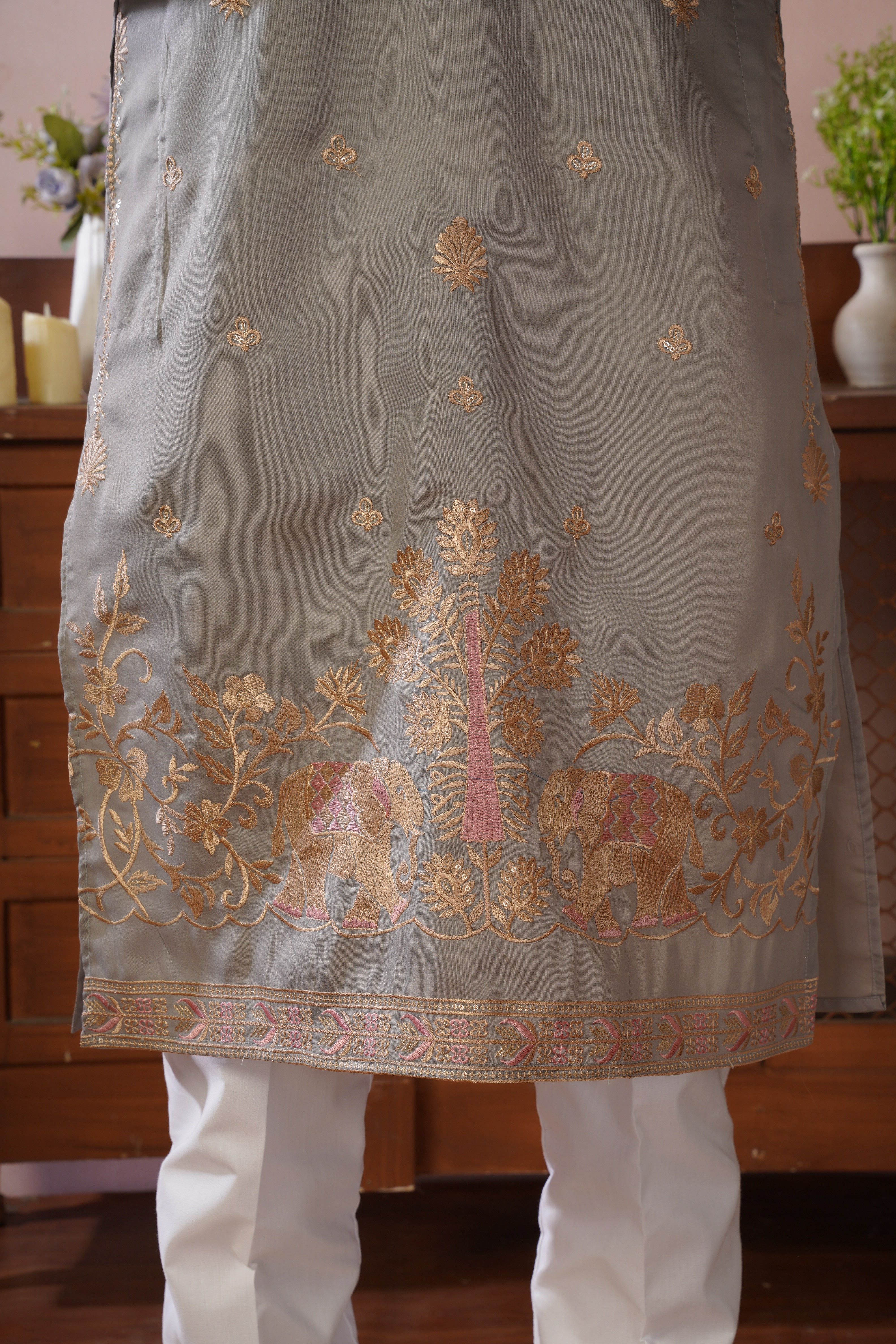 Regal Haathi Darbar Embroidered Grey Kurta Set