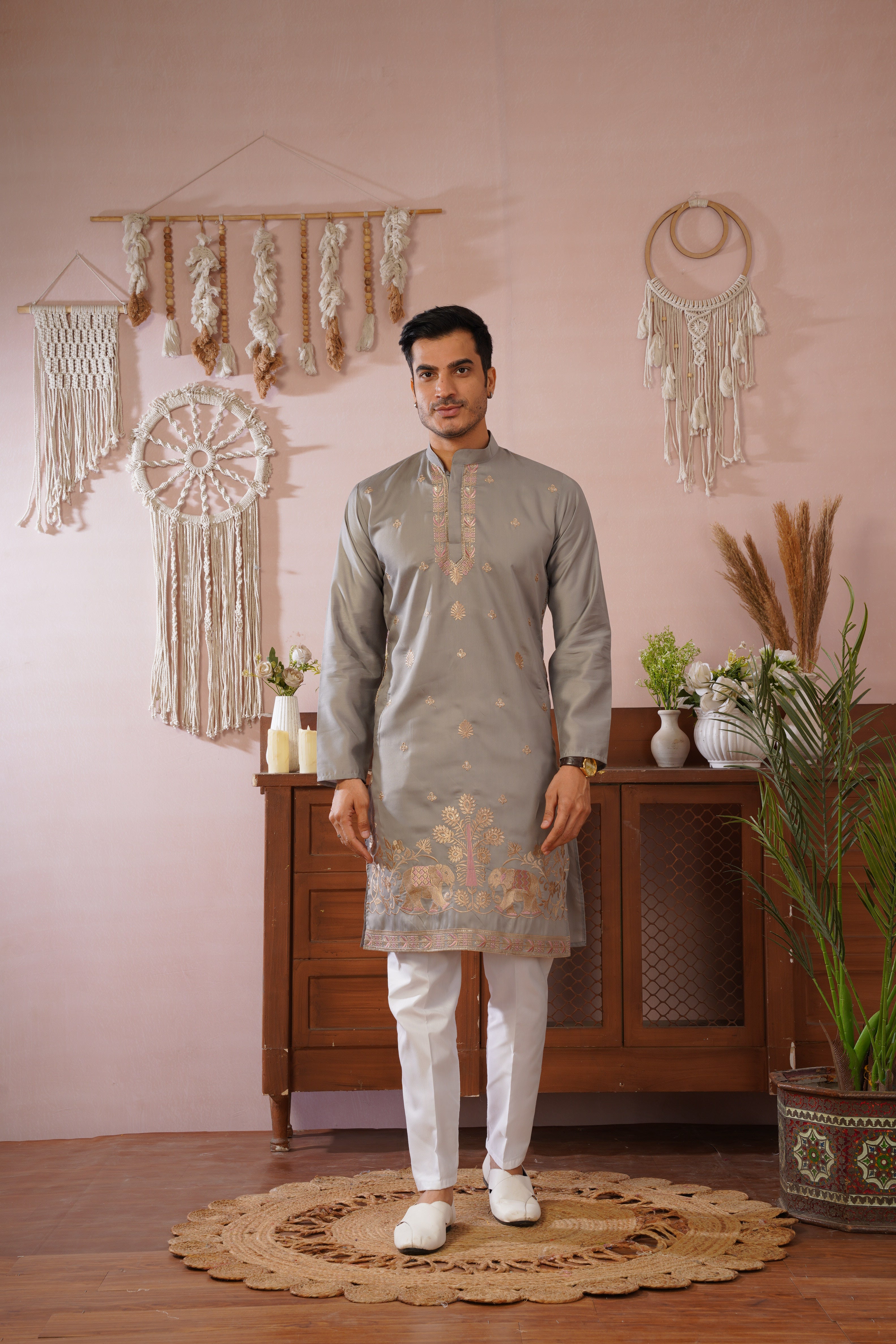 Regal Haathi Darbar Embroidered Grey Kurta Set