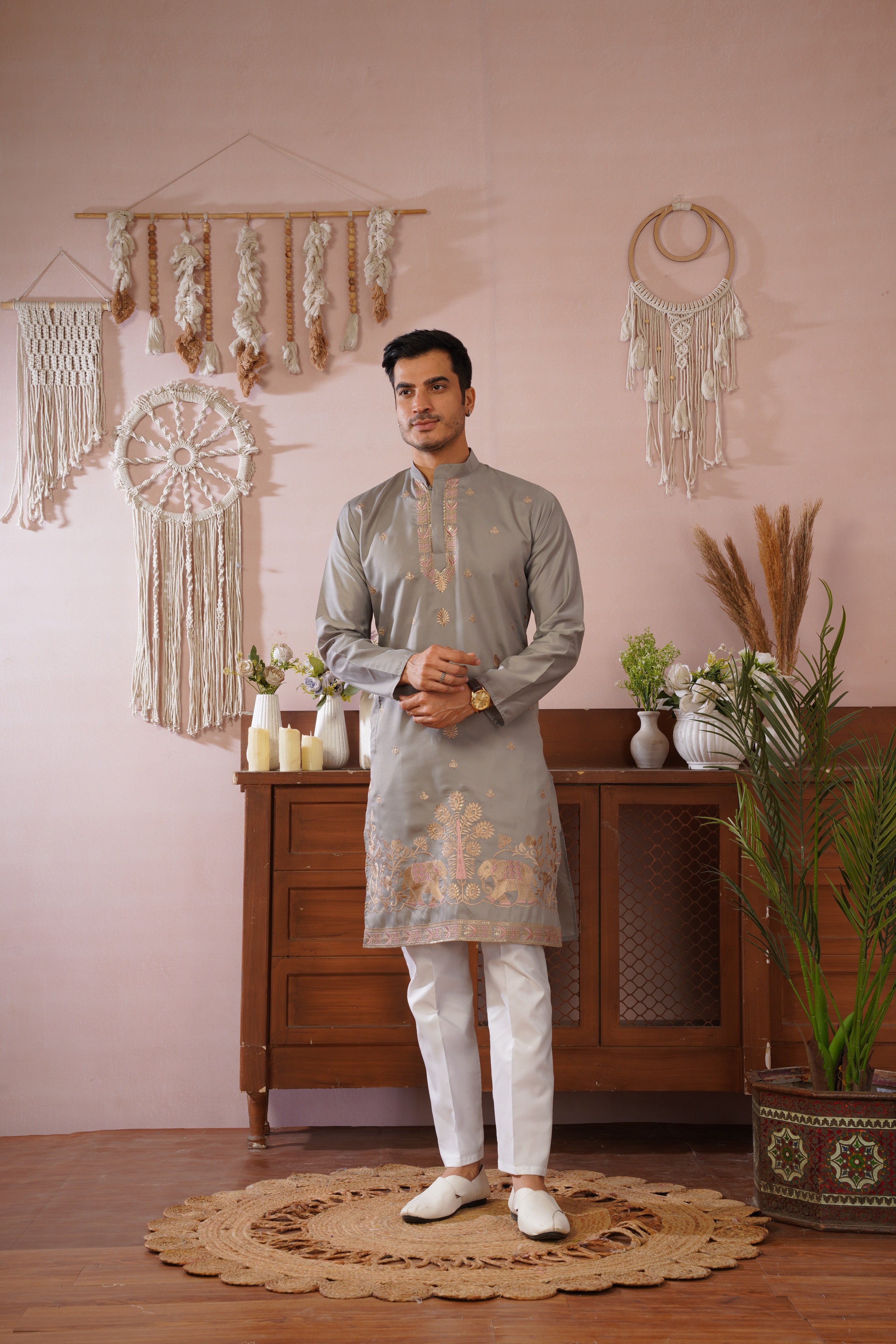 Regal Haathi Darbar Embroidered Grey Kurta Set