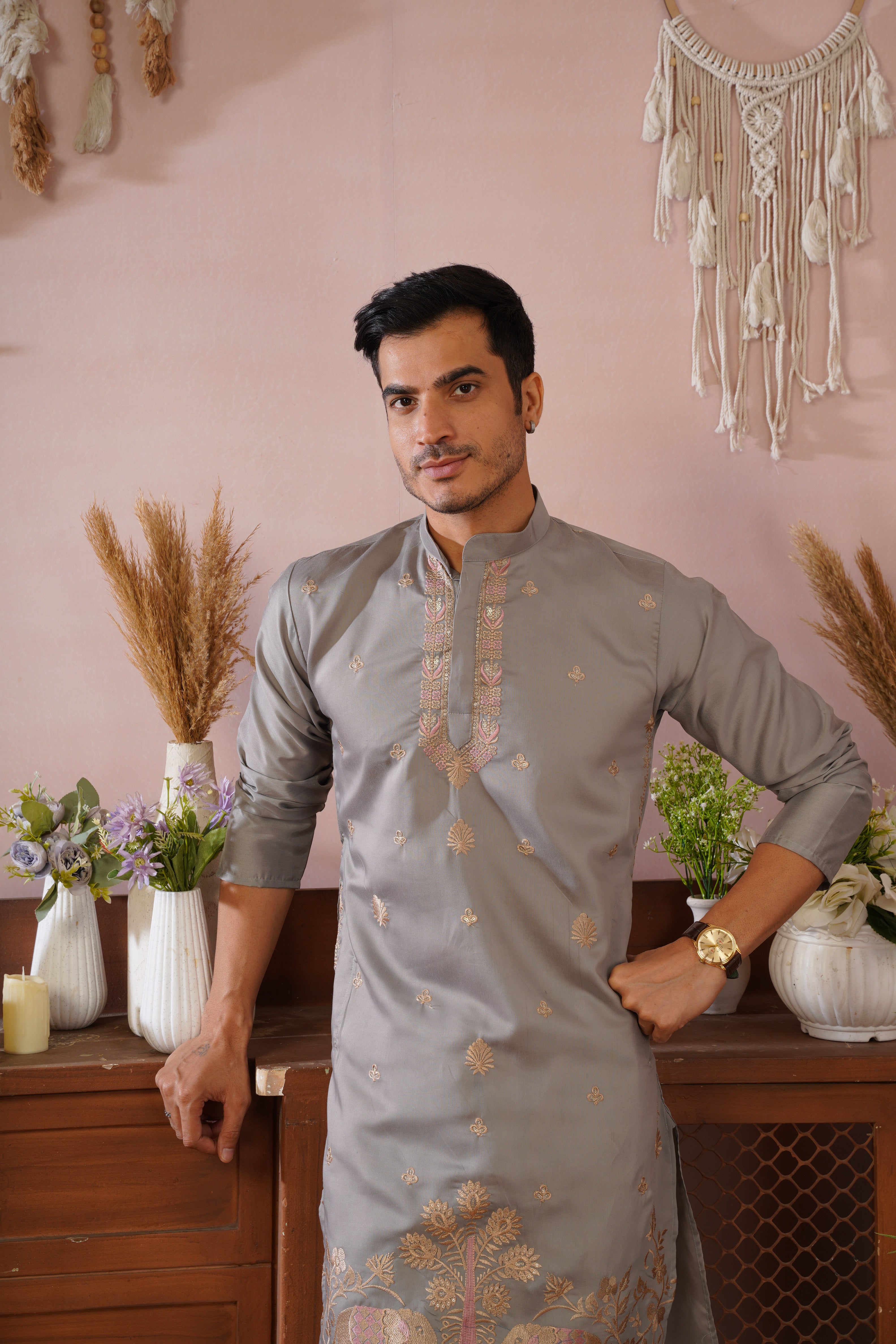 Regal Haathi Darbar Embroidered Grey Kurta Set