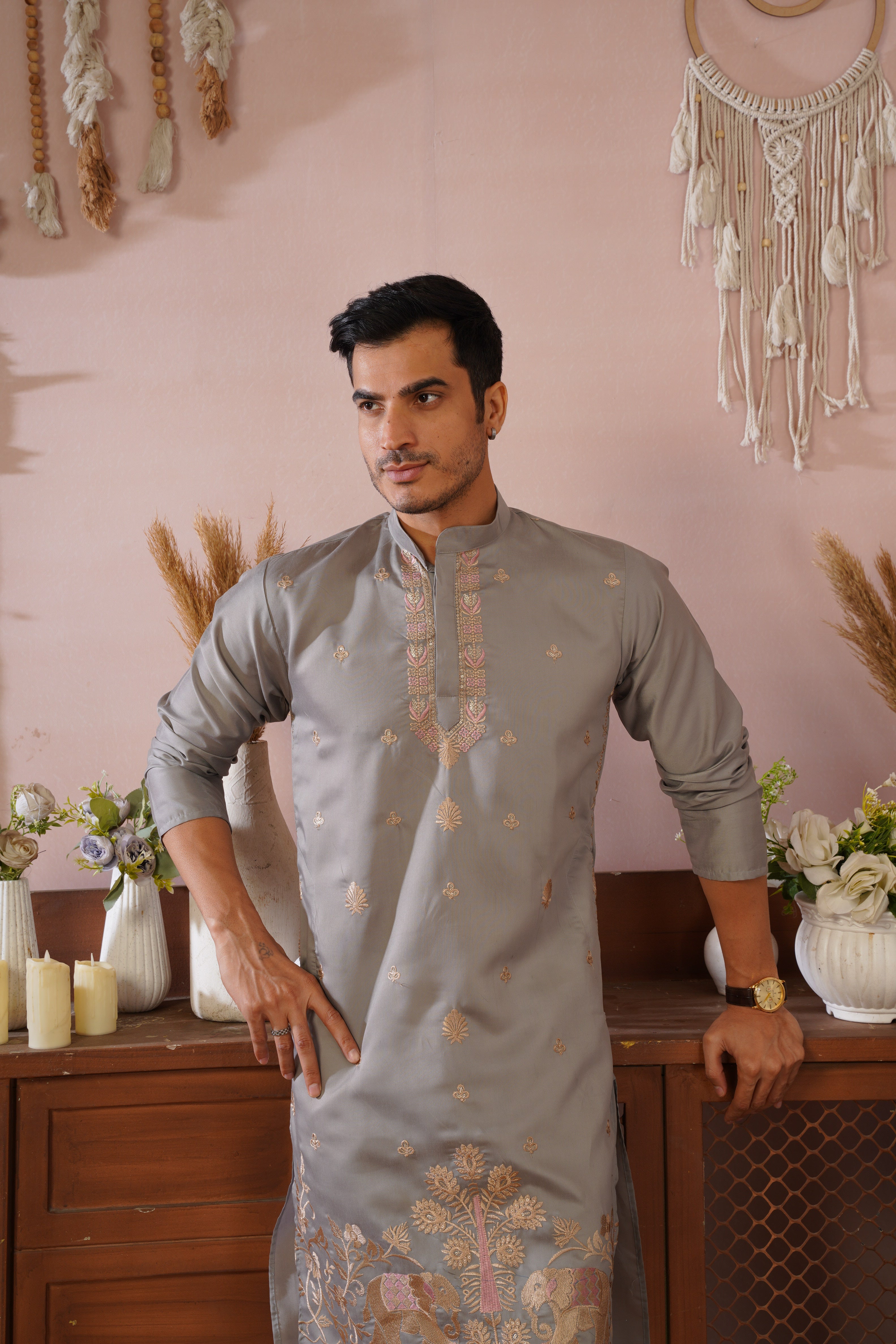 Regal Haathi Darbar Embroidered Grey Kurta Set