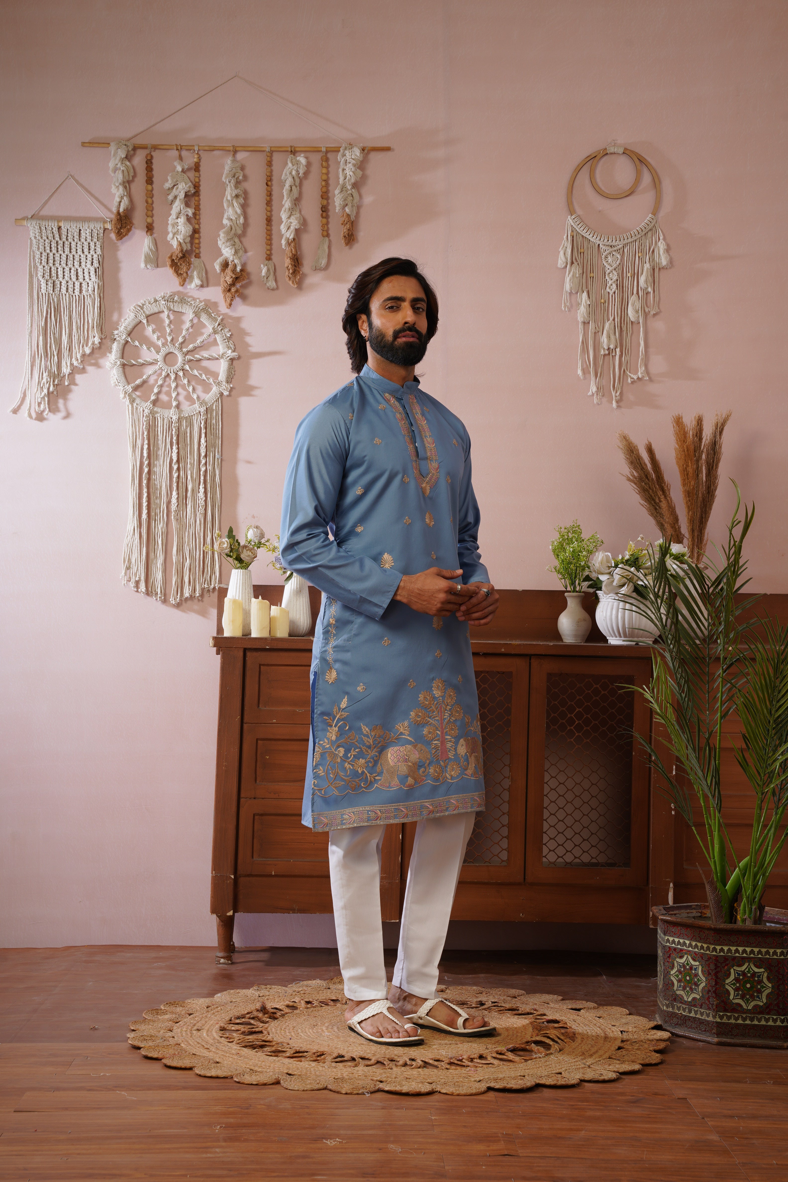 Regal Haathi Darbar Embroidered Blue Kurta Set
