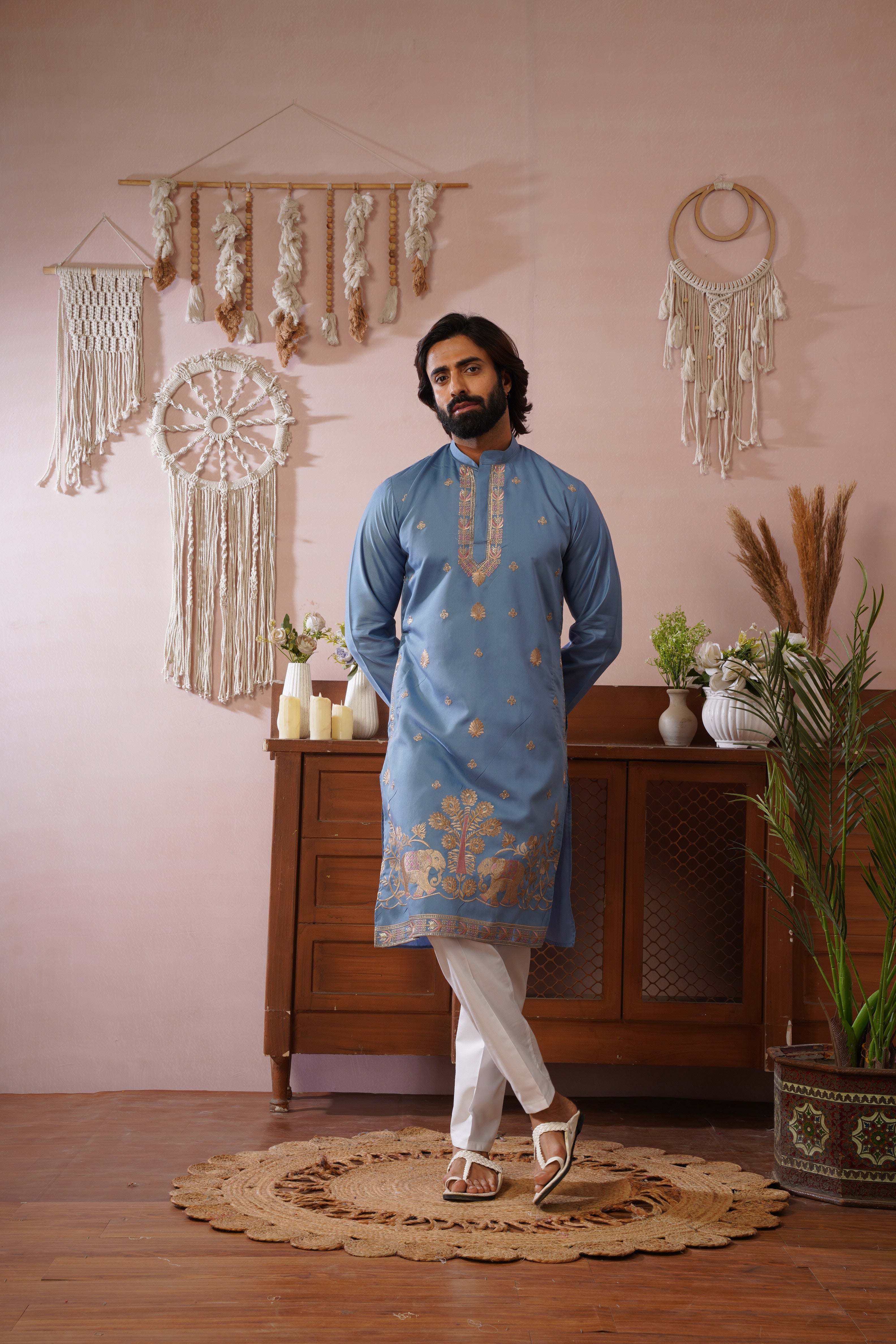 Regal Haathi Darbar Embroidered Blue Kurta Set