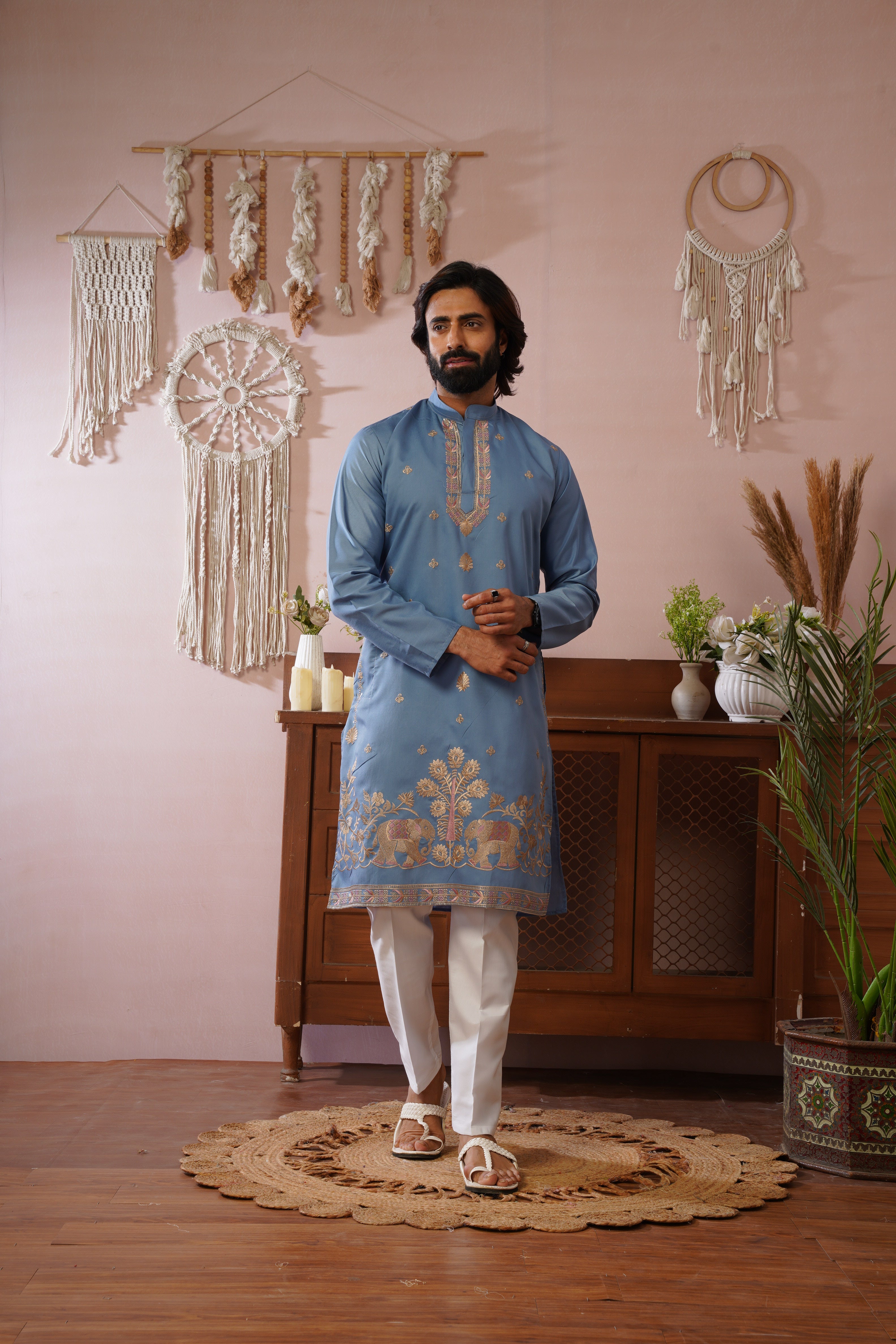 Regal Haathi Darbar Embroidered Blue Kurta Set