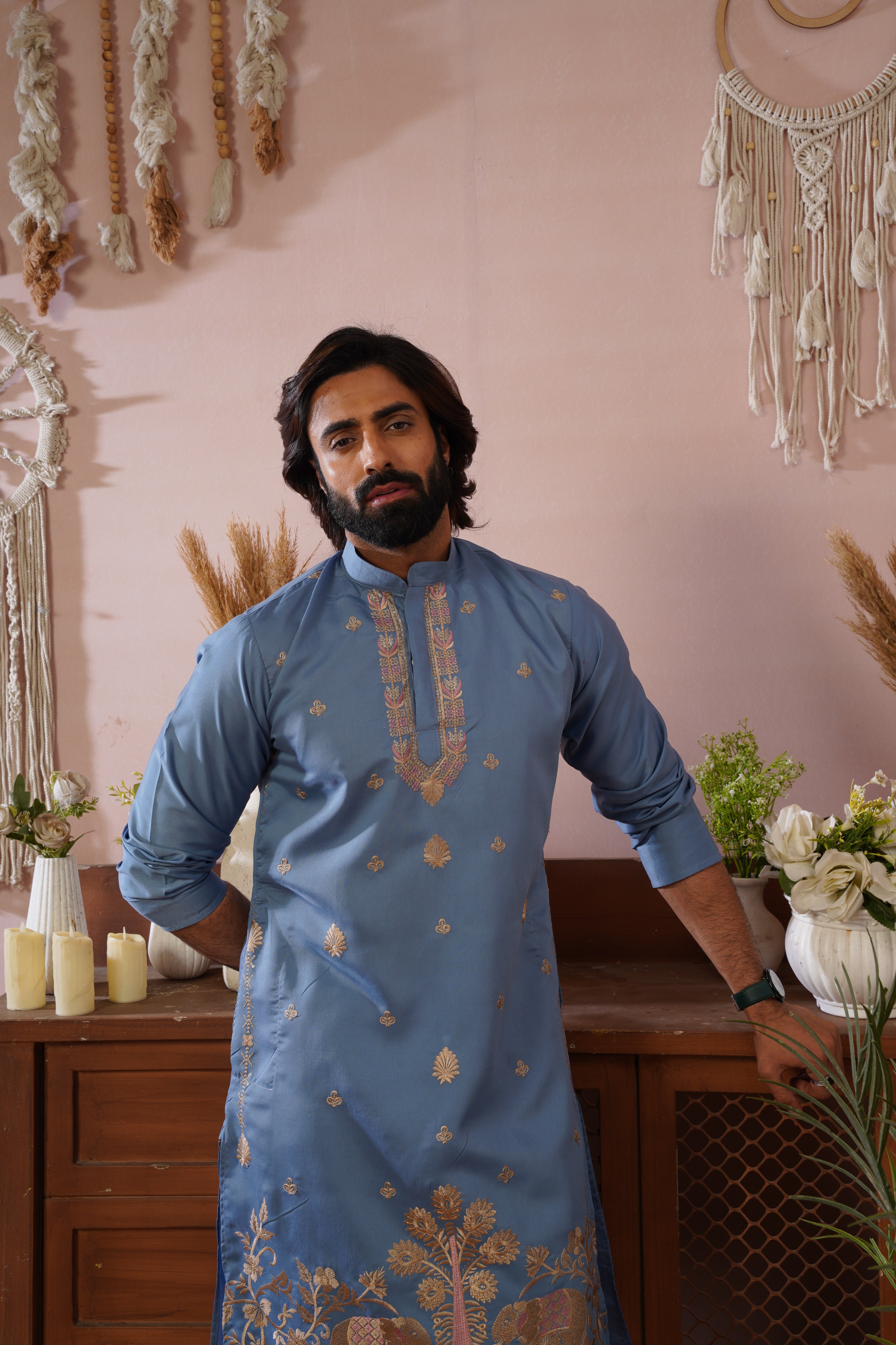 Regal Haathi Darbar Embroidered Blue Kurta Set