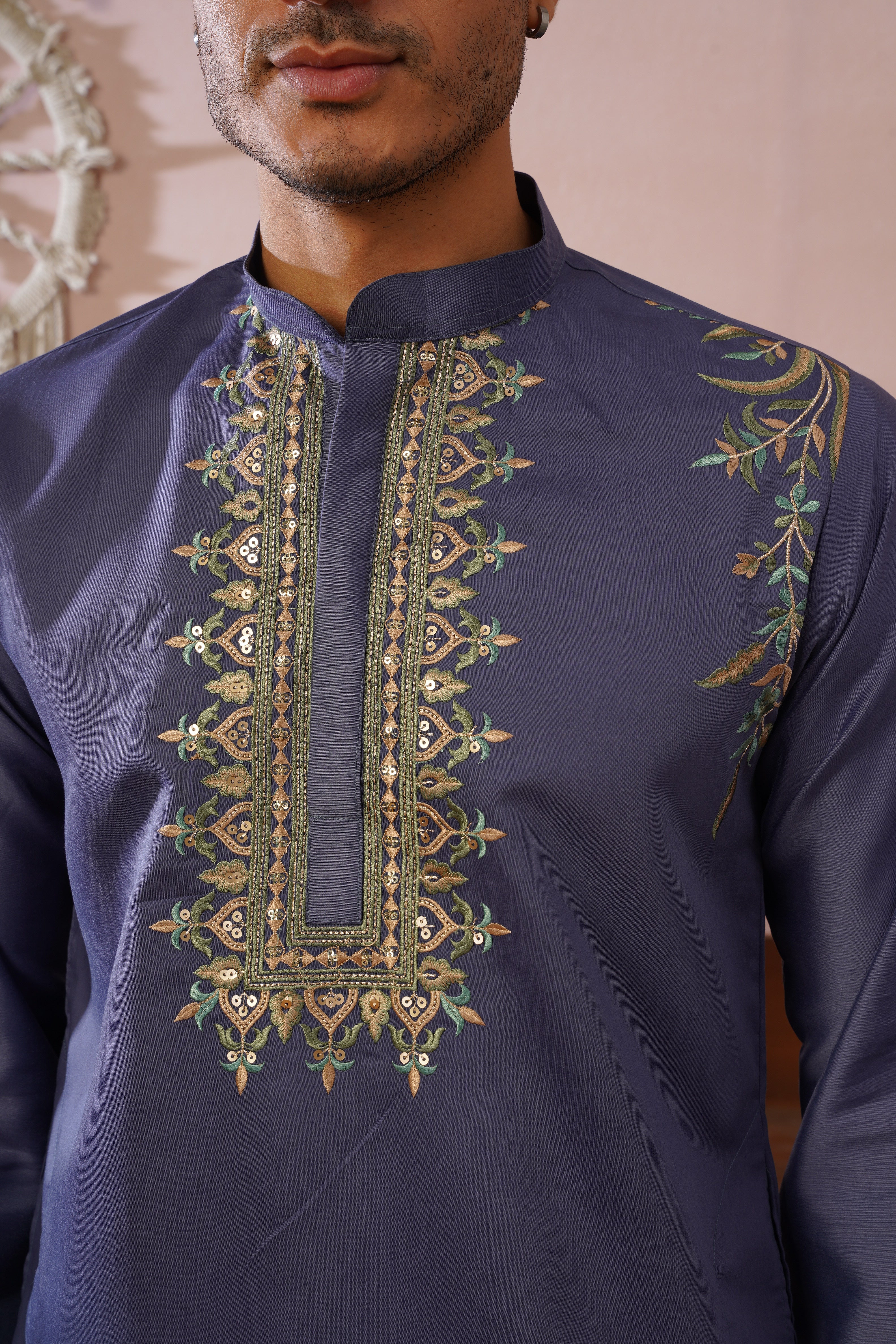 Midnight Morbagh Neckwork Embroidered Mens Kurta