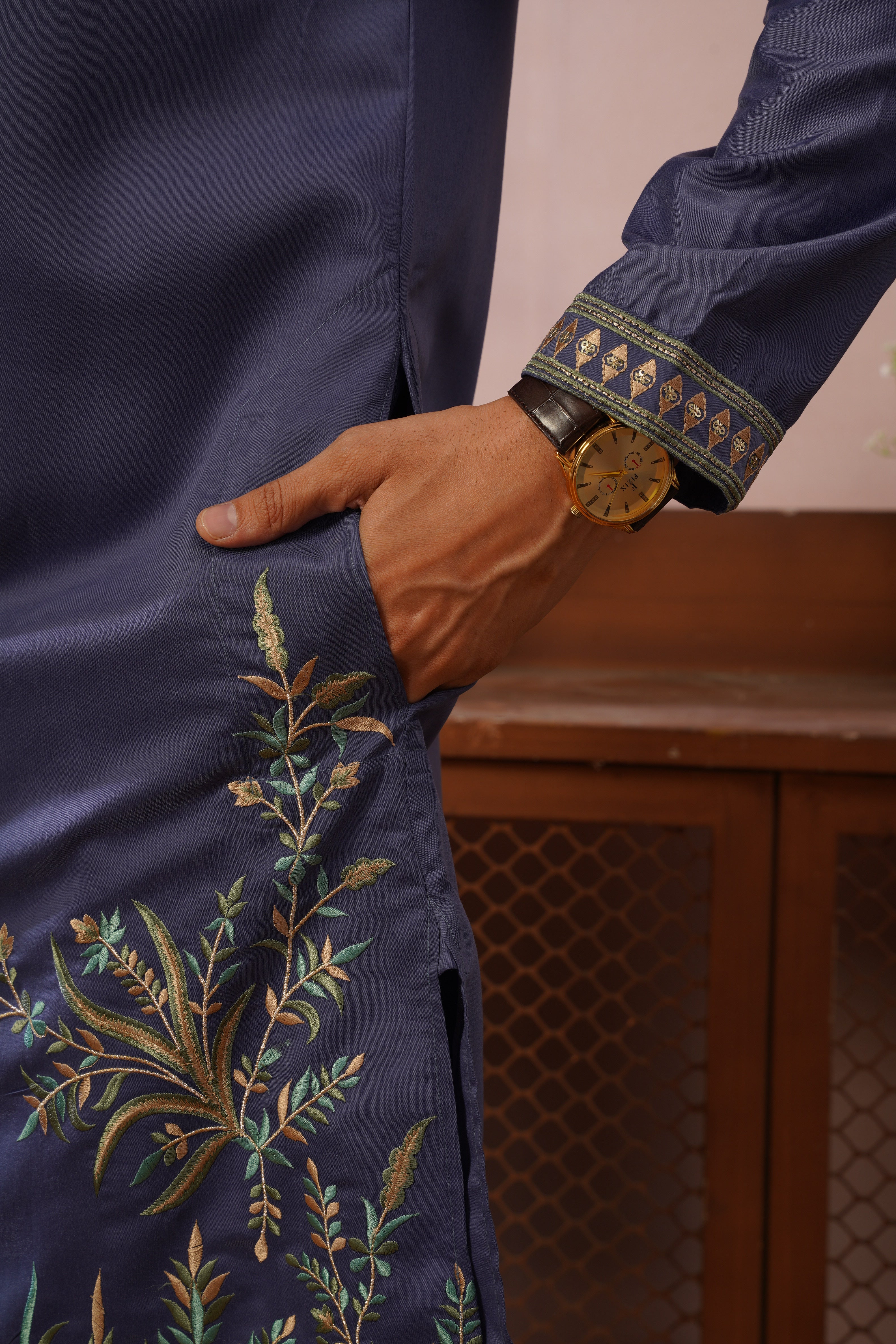 Midnight Morbagh Neckwork Embroidered Mens Kurta
