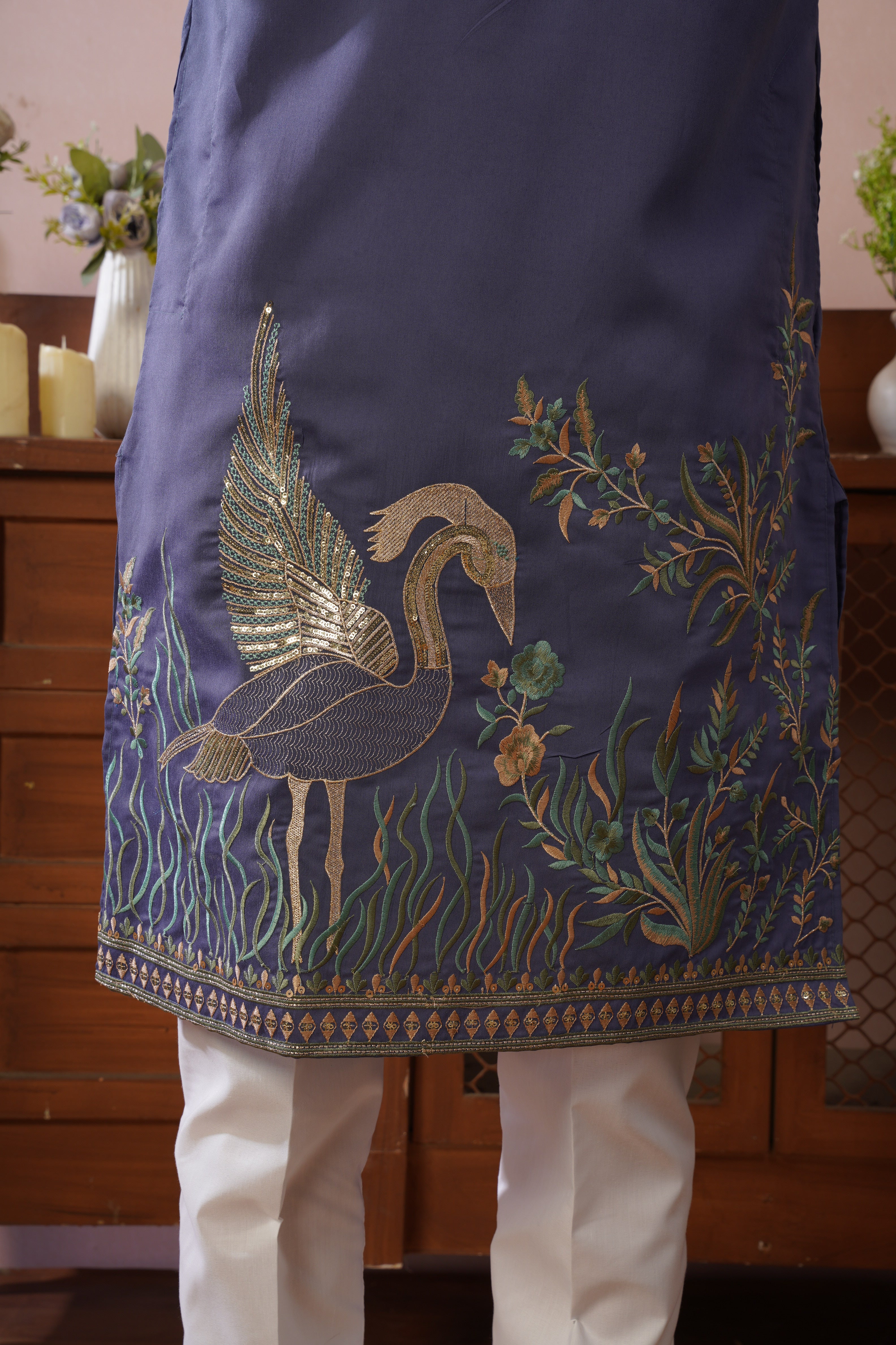 Midnight Morbagh Neckwork Embroidered Mens Kurta