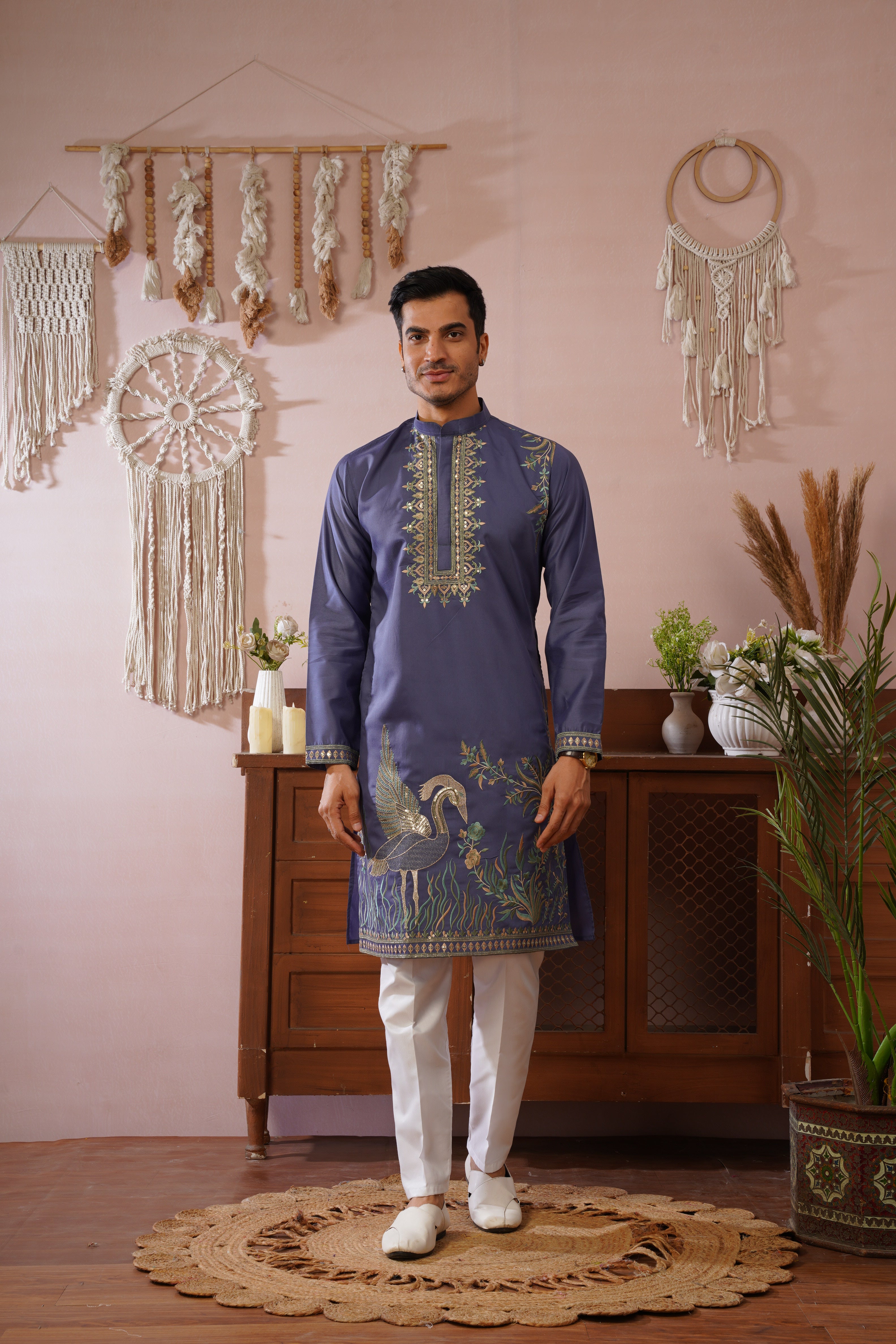 Midnight Morbagh Neckwork Embroidered Mens Kurta