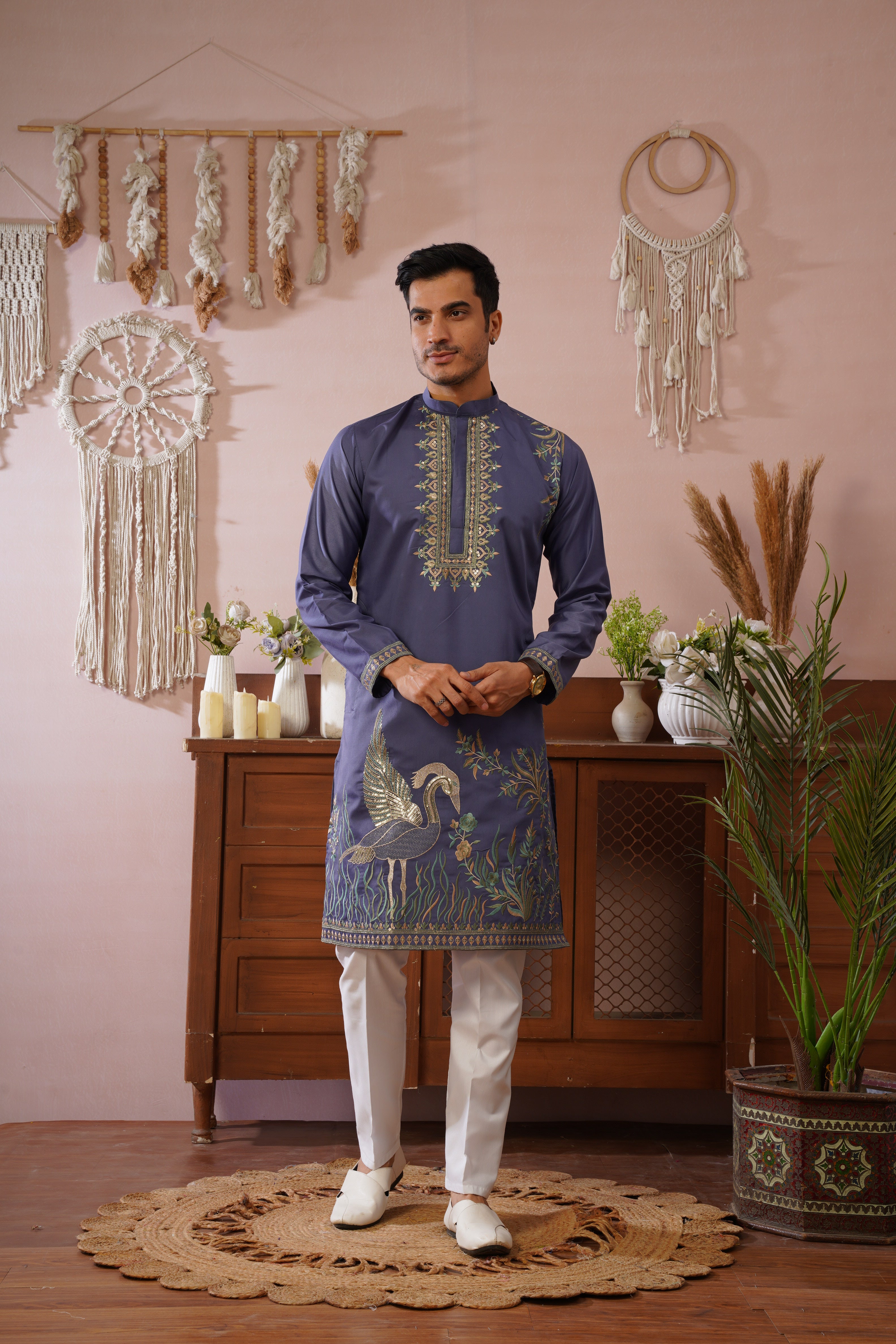 Midnight Morbagh Neckwork Embroidered Mens Kurta