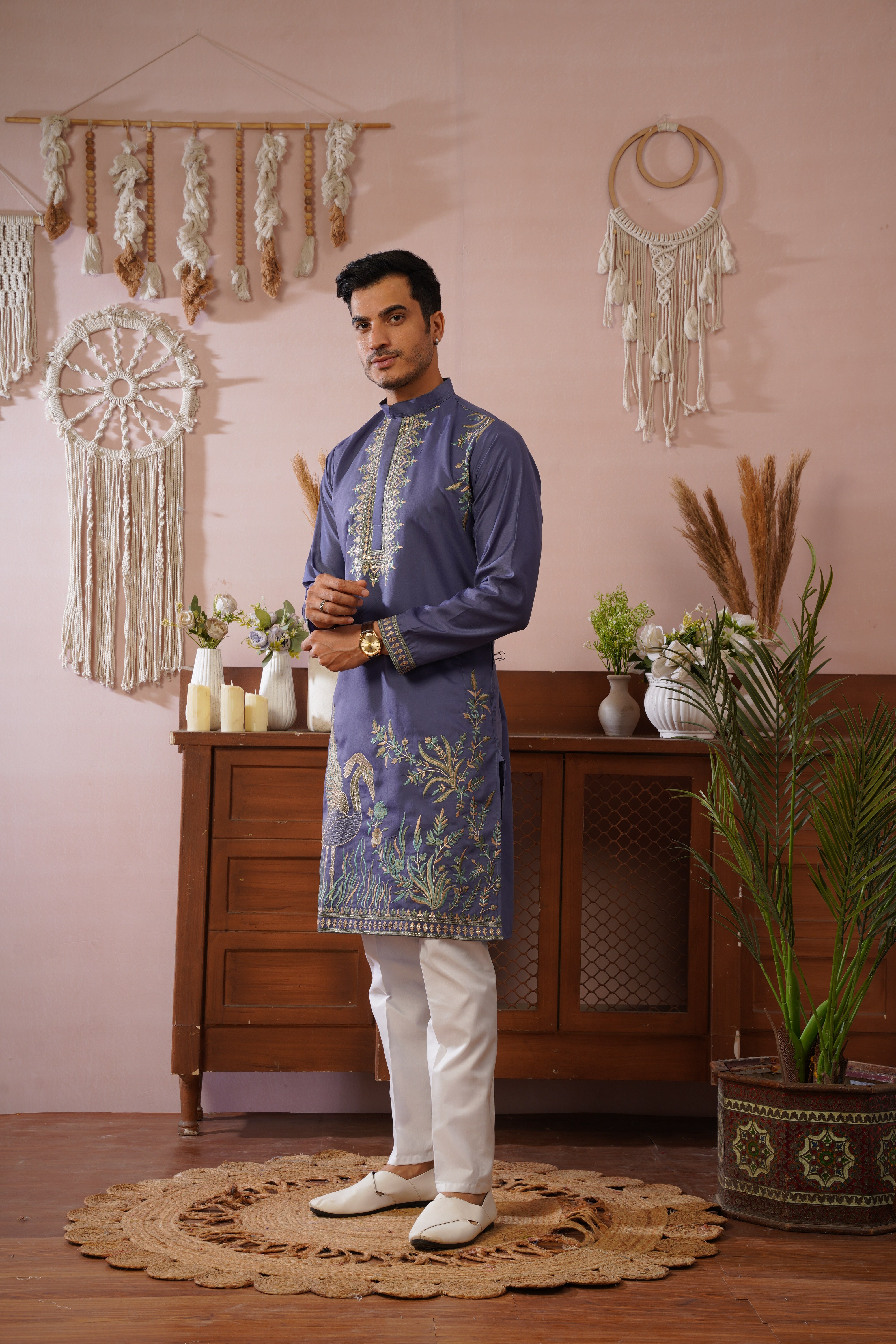 Midnight Morbagh Neckwork Embroidered Mens Kurta