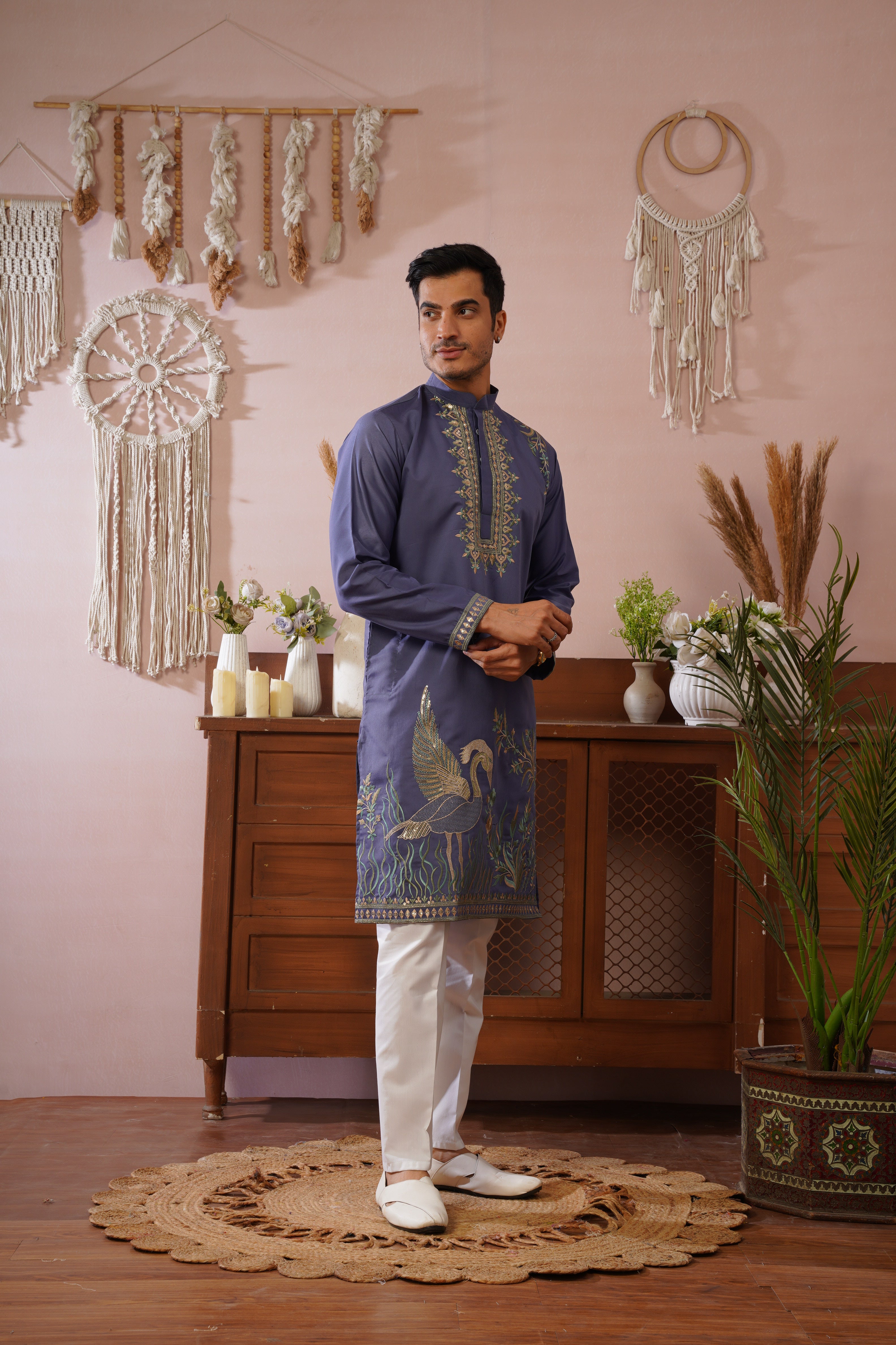 Midnight Morbagh Neckwork Embroidered Mens Kurta