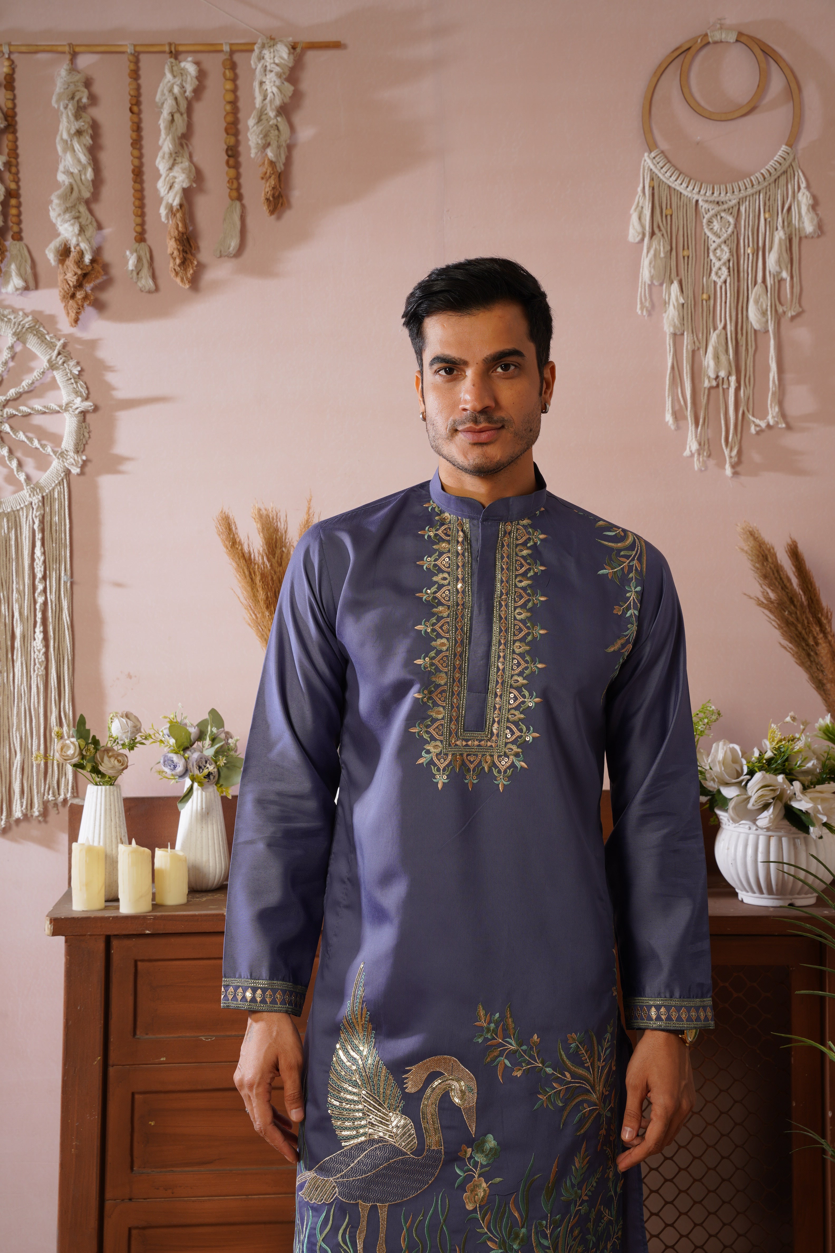 Midnight Morbagh Neckwork Embroidered Mens Kurta