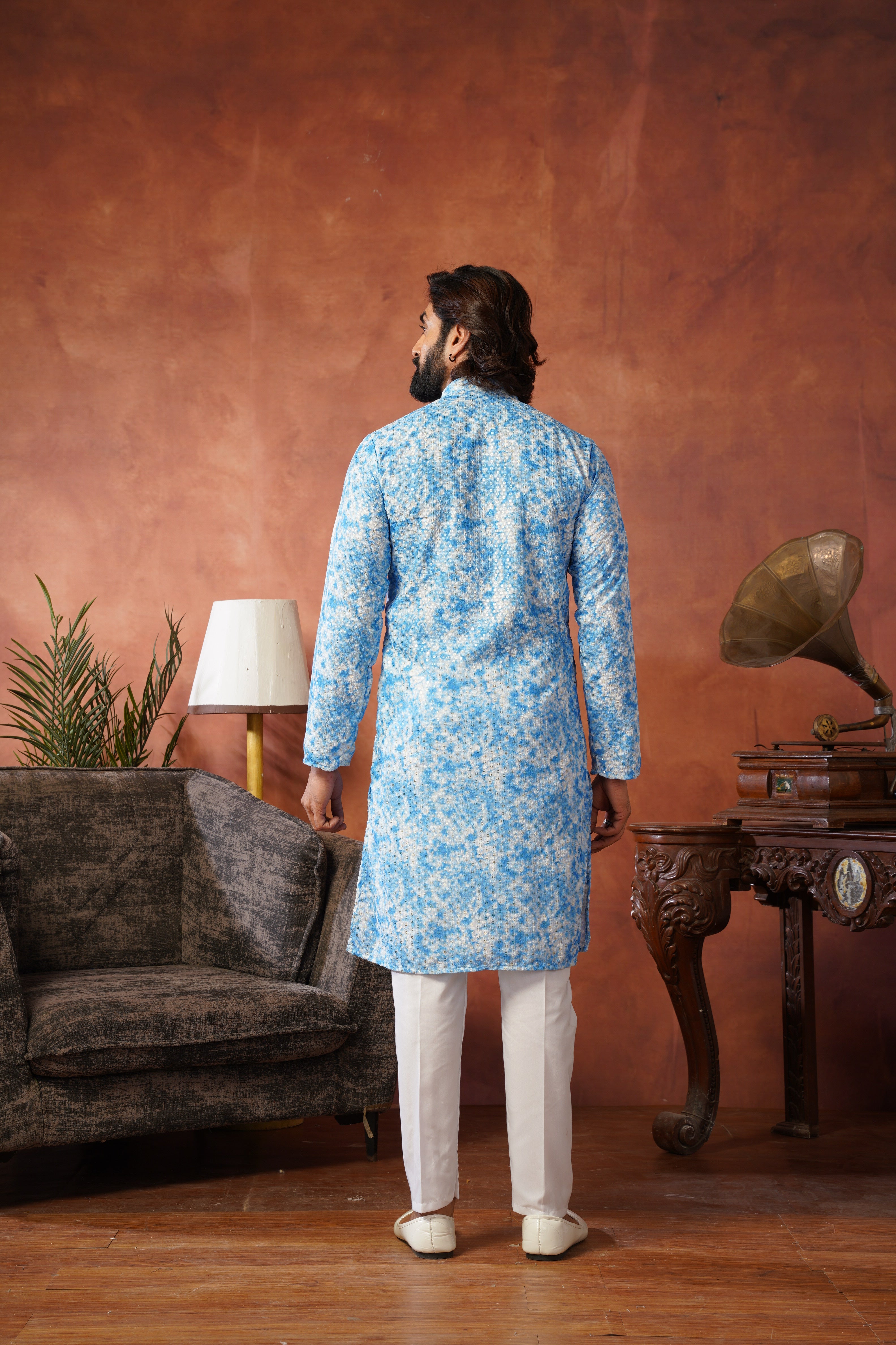 Blue Tie-Dye Print with Sequin Detailing Kurta Set for Men