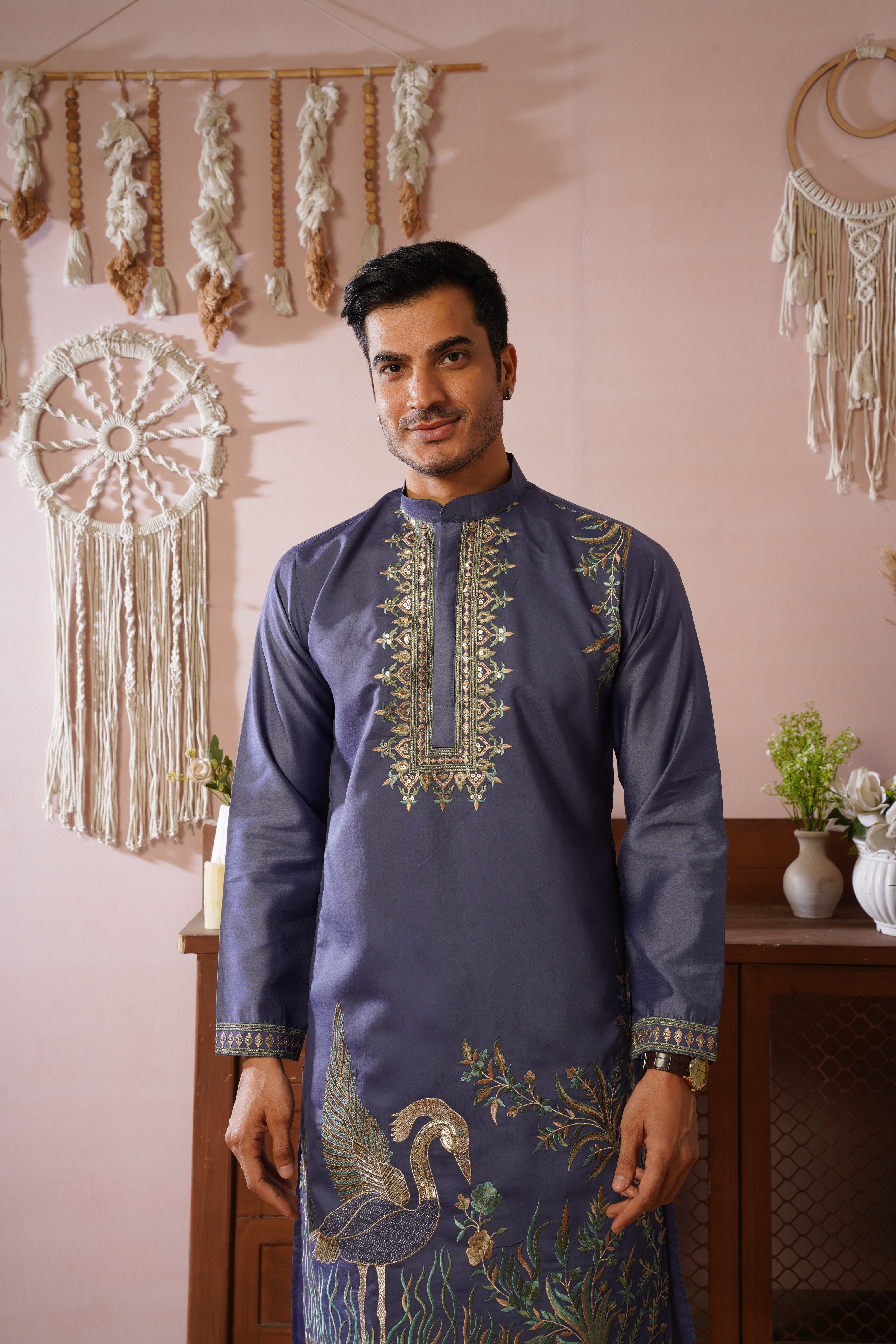 Midnight Morbagh Neckwork Embroidered Mens Kurta